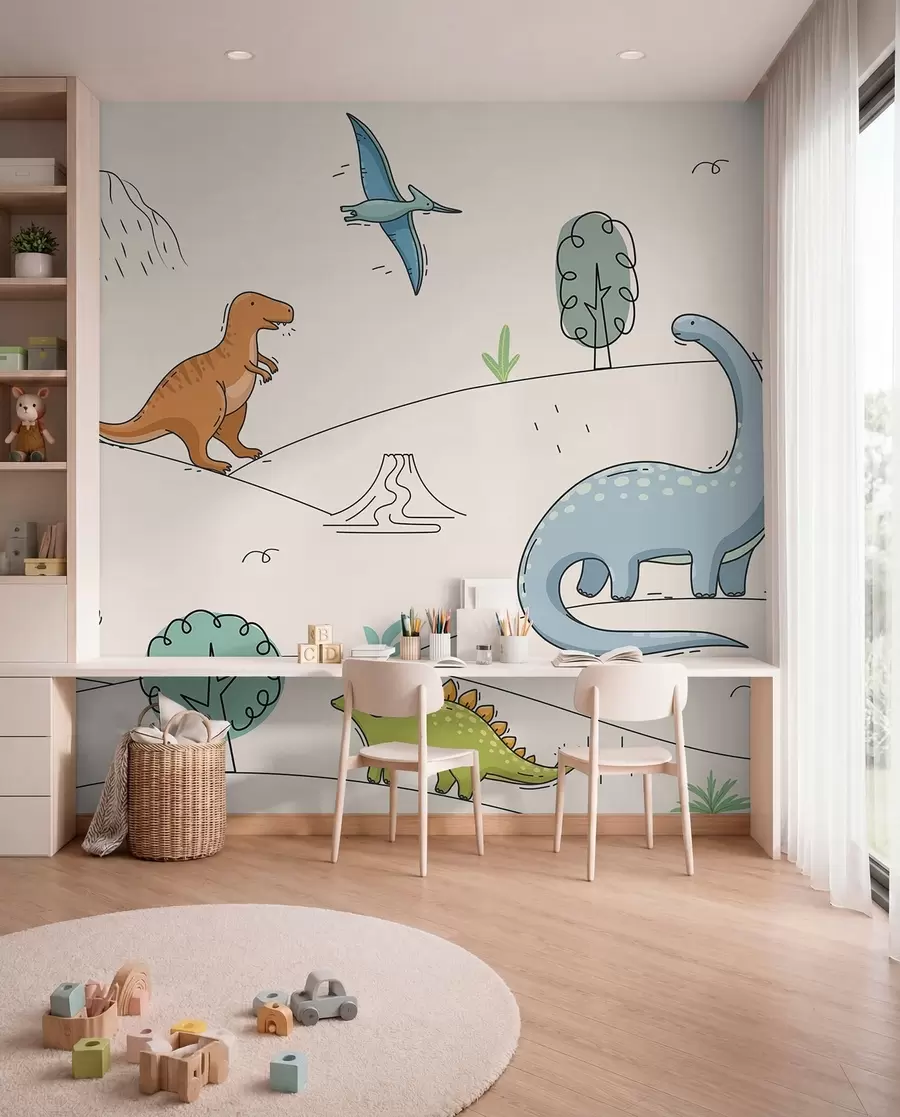 Fotobehang Kleurrijke dinosaurussen op de heuvels w00637