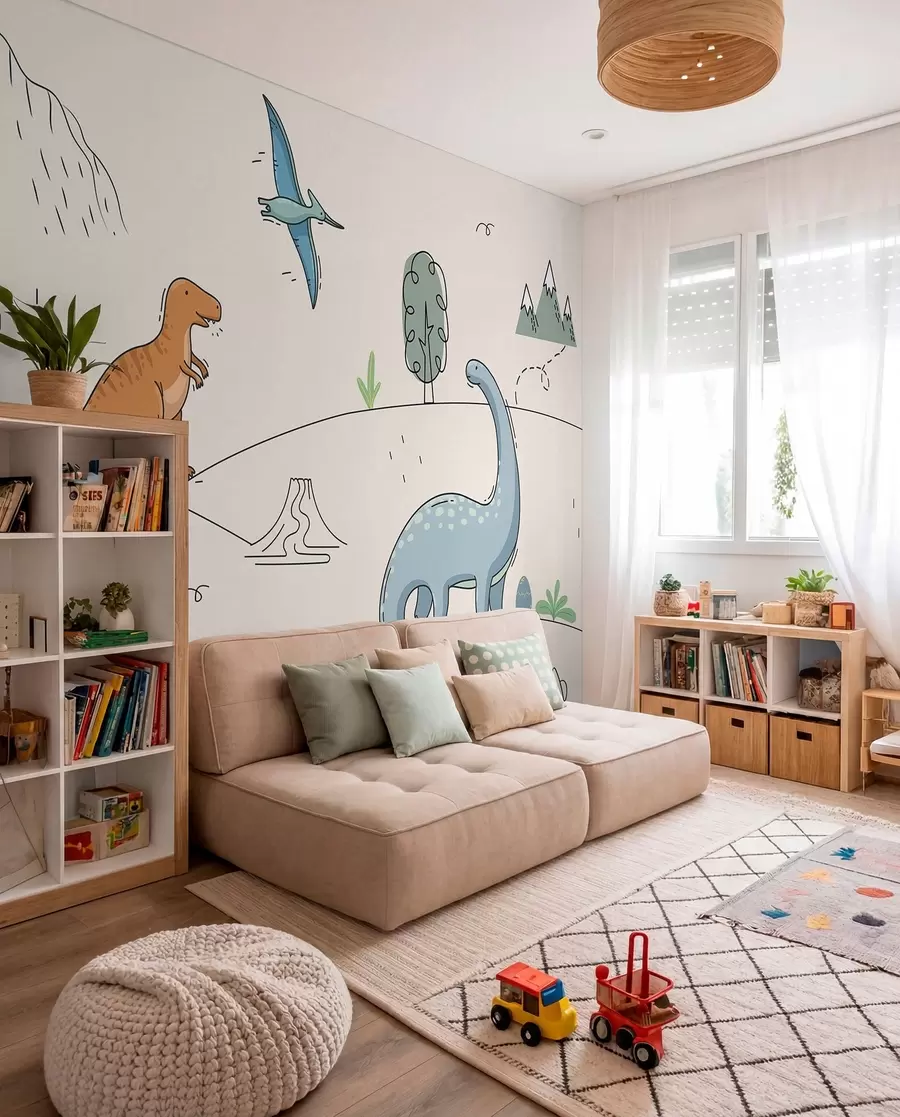Fotobehang Kleurrijke dinosaurussen op de heuvels w00637