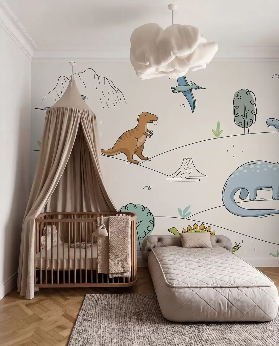 Fotobehang Kleurrijke dinosaurussen op de heuvels w00637
