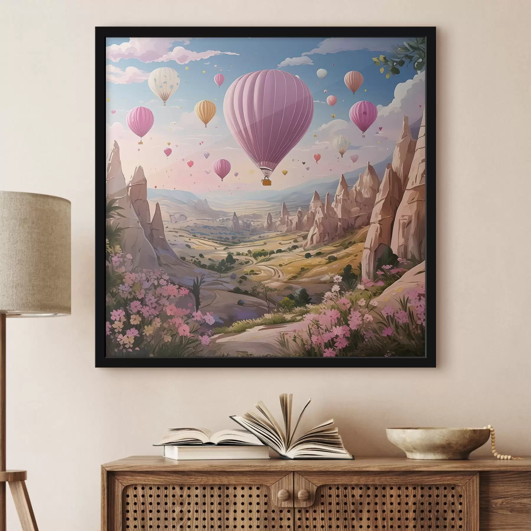Fotobehang ballonnen in de bergen over bloemen f38656