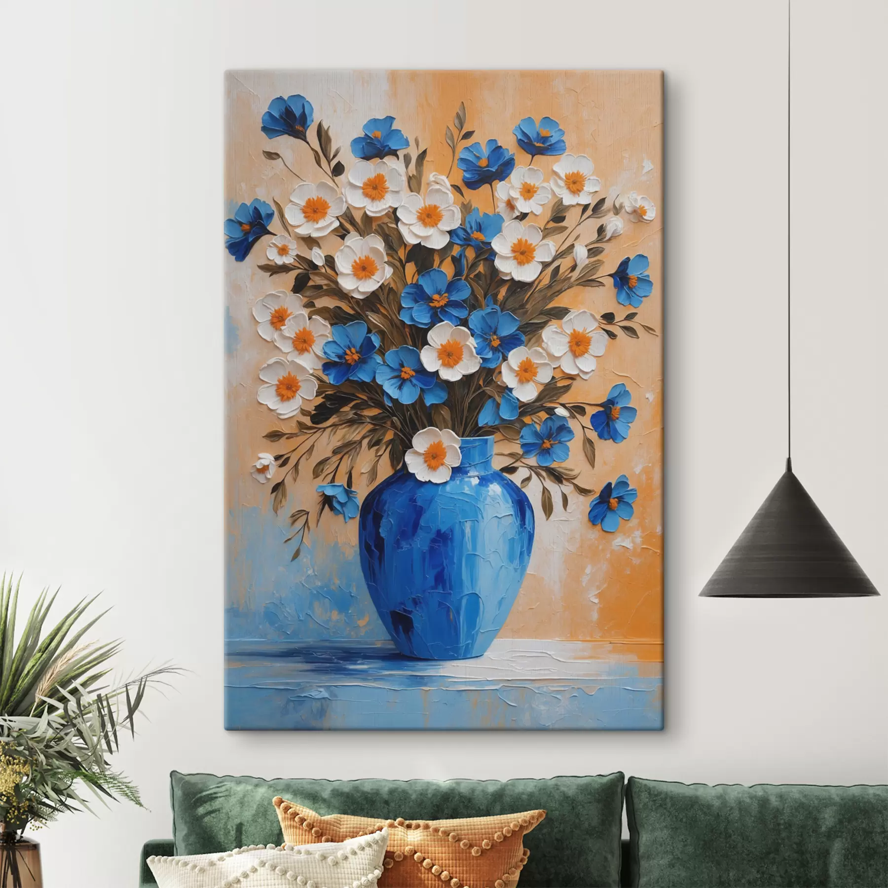  Schilderijen Bloemen in een blauwe vaas op abstracte achtergrond s38584