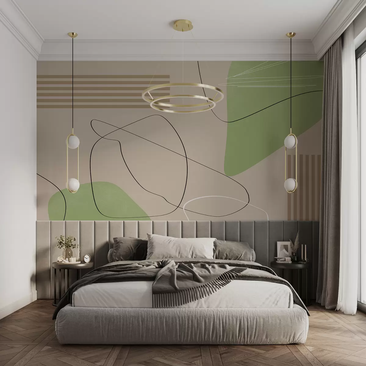 Fotobehang Boho-abstractie, vlekken, lijnen, strepen, textuur, geometrisch, minimalistisch, beige en groen w00724v1