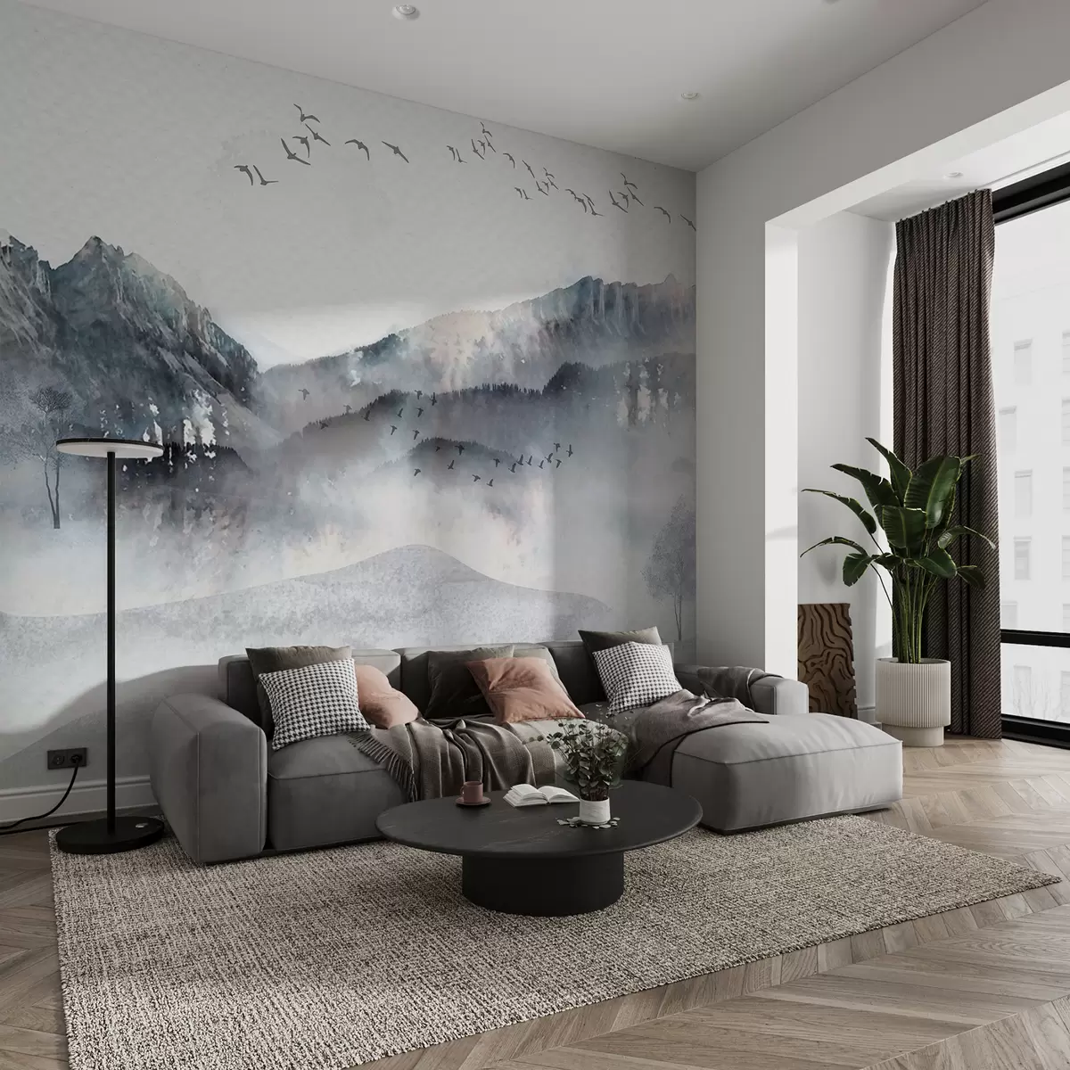 Fotobehang Landschap met bergen op de achtergrond, met op de voorgrond enkele serene bomen zichtbaar  w00707