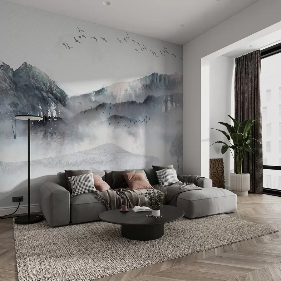 Fotobehang Landschap met bergen op de achtergrond, met op de voorgrond enkele serene bomen zichtbaar  w00707