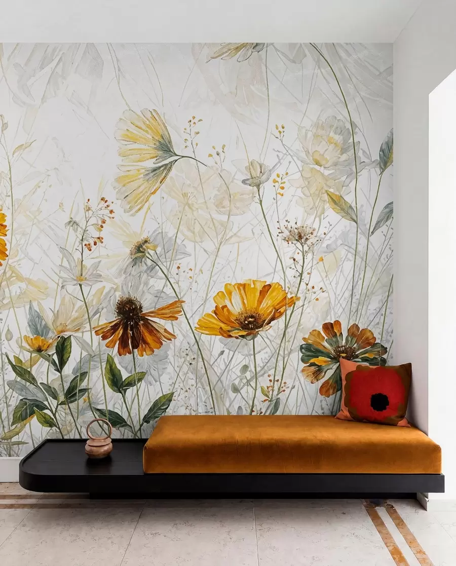 Fotobehang Een veld met levendige bloemen tegen een zachte, wazige achtergrond met delicate witte bloemen en piekerig gras w00708