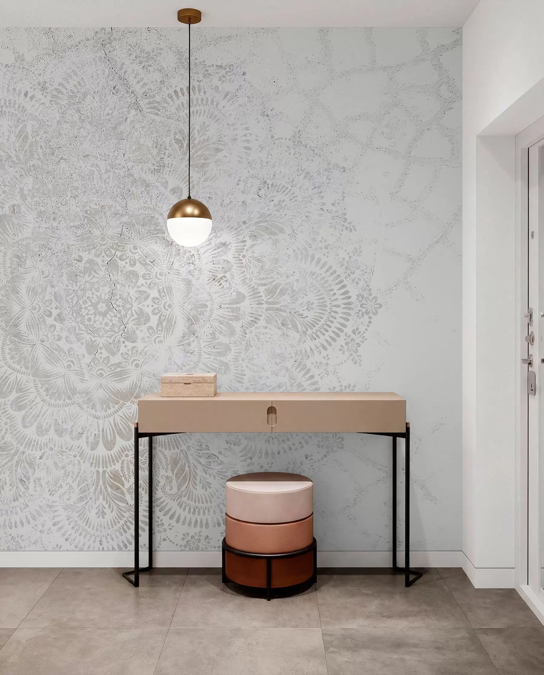 Fotobehang Mandala, wit kantpatroon met bloem- en cirkelmotieven, waardoor een delicaat en ingewikkeld ontwerp ontstaat w00737