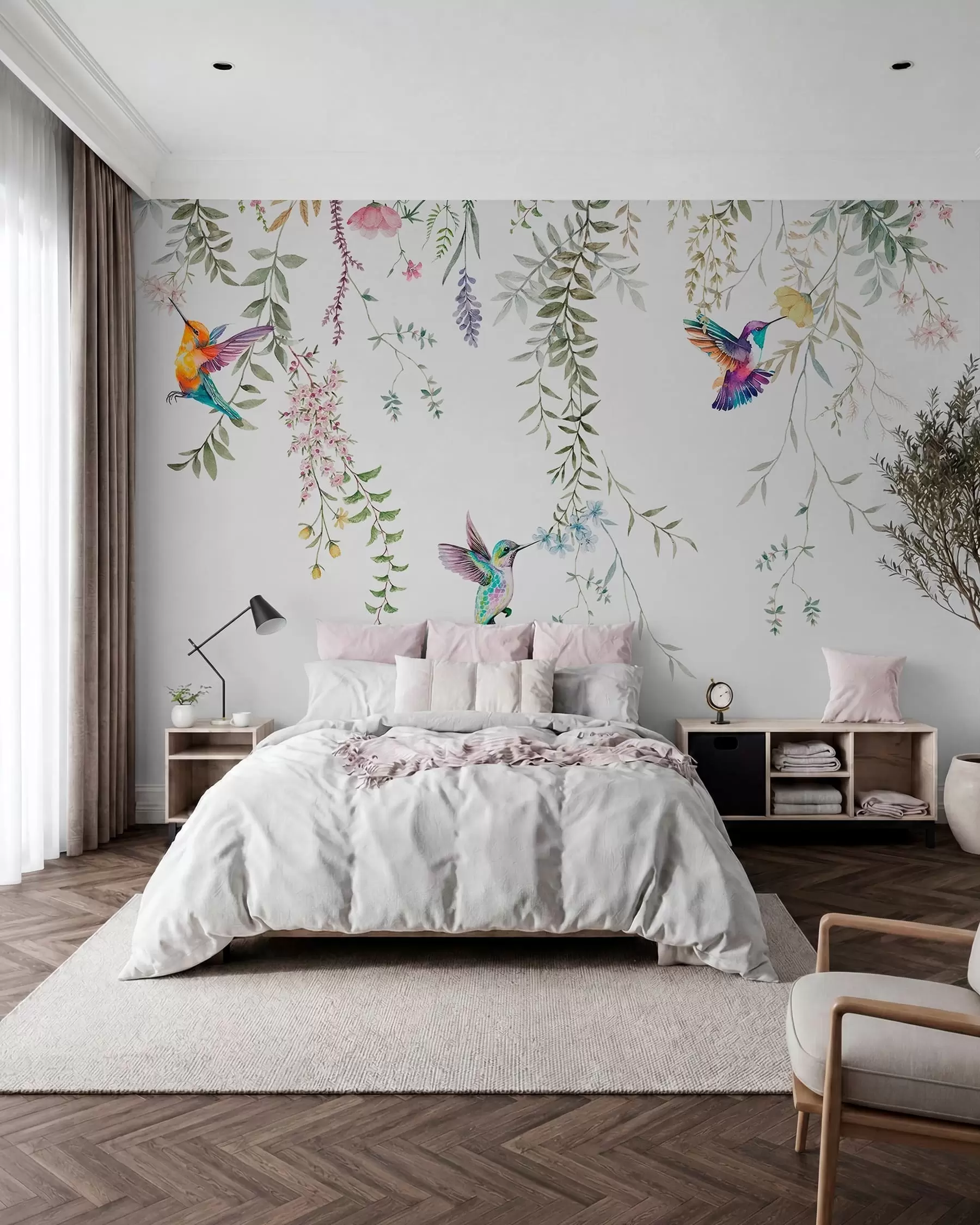 Fotobehang Hangende bloemen en bladeren en prachtige kolibries w00660