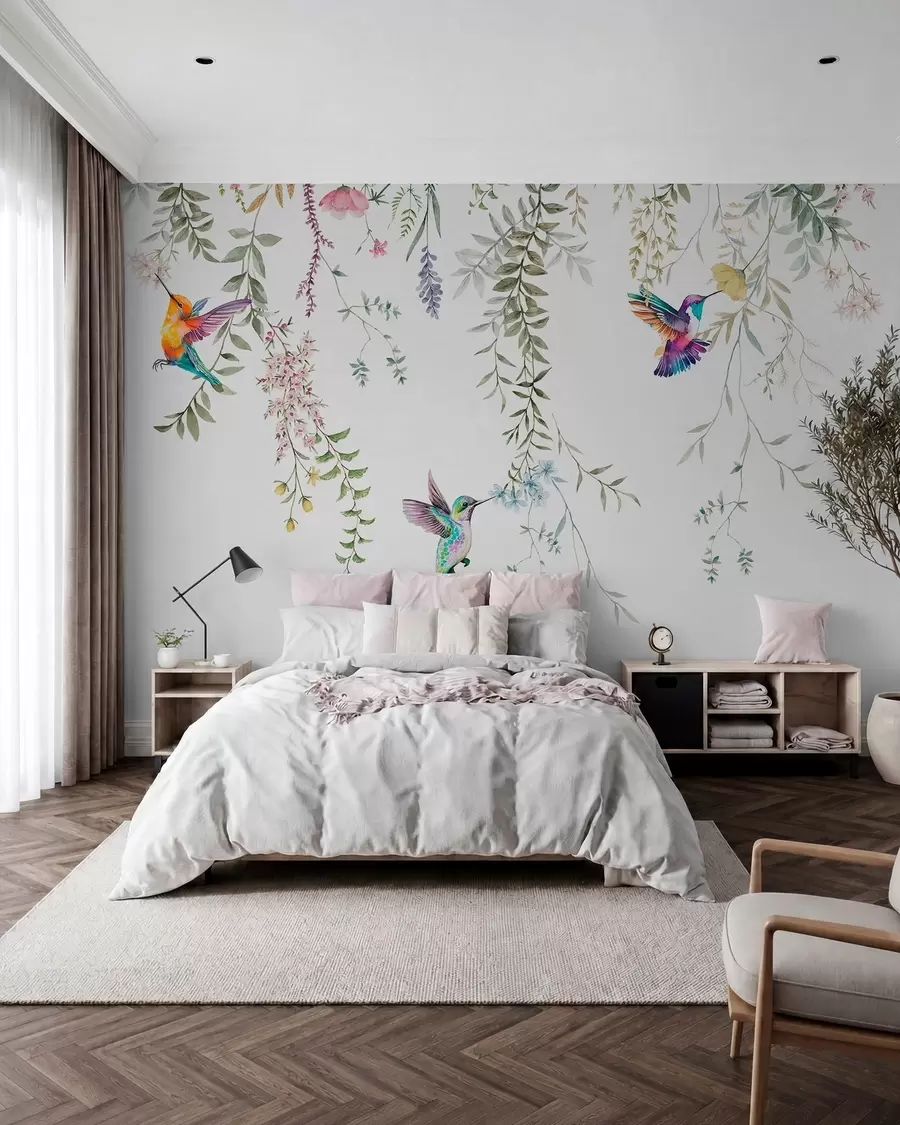 Fotobehang Hangende bloemen en bladeren en prachtige kolibries w00660