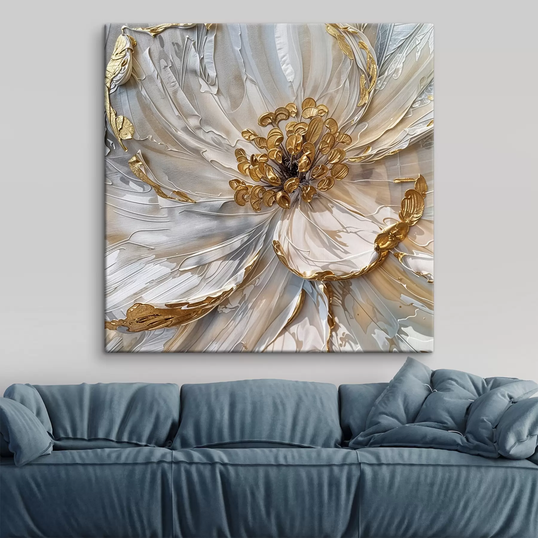  Schilderijen Een close-up van een grote witte bloem met gele meeldraden in het midden, artistieke decoratie geschilderd in olieverf s38755