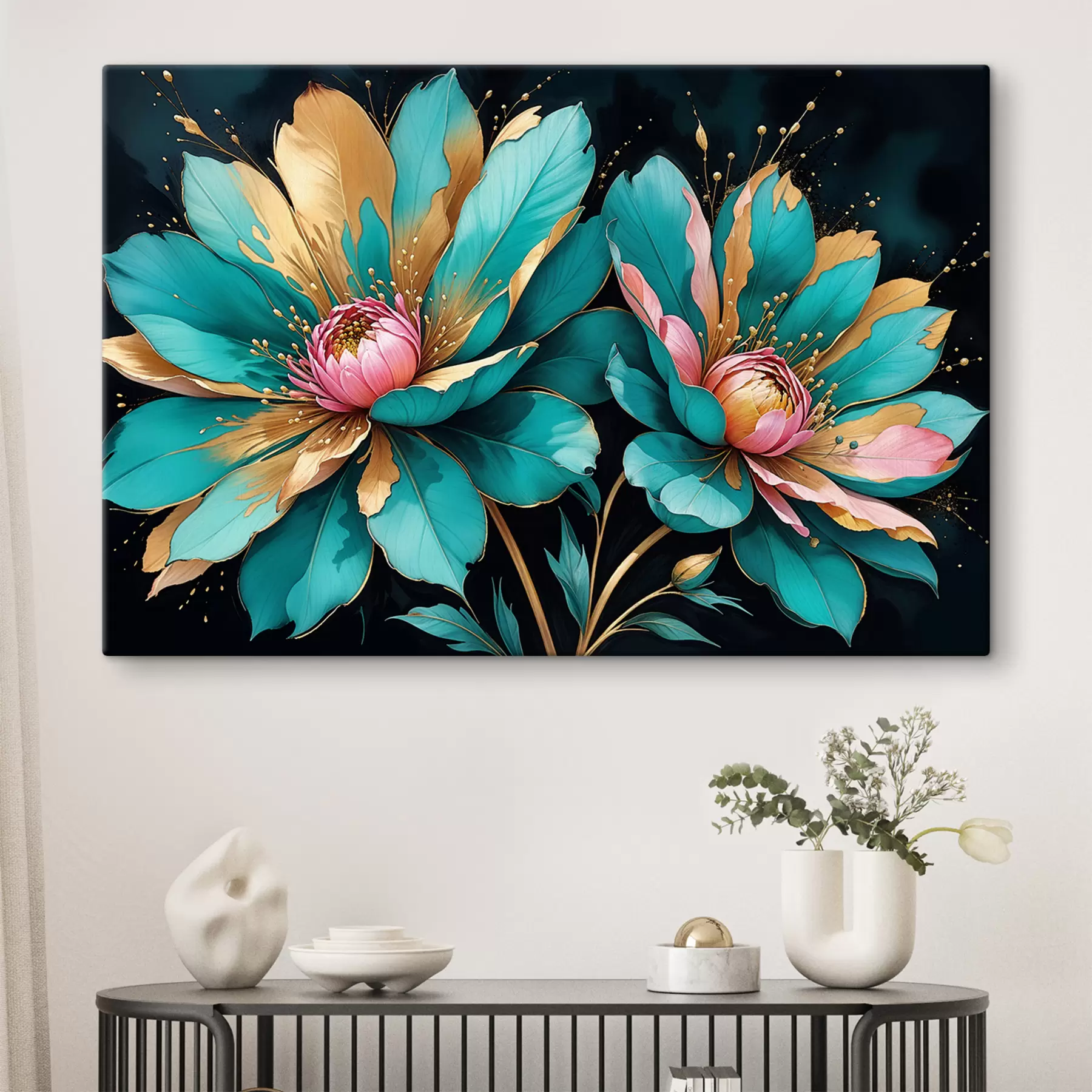  Schilderijen Levendige turquoise en roze lotusbloemen tegen een donkere achtergrond s38763