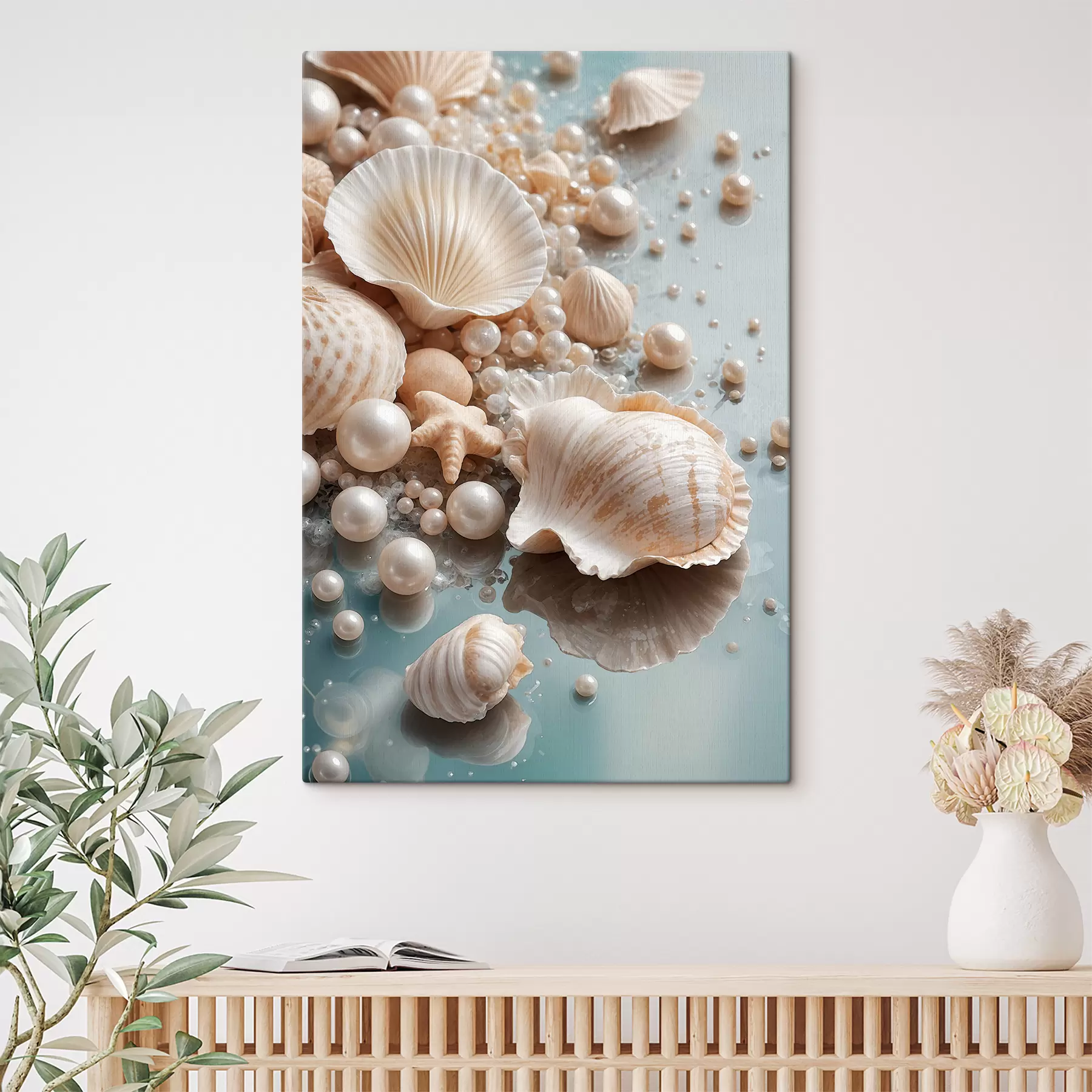  Schilderijen Geassorteerde schelpen en parels op een lichtblauwe achtergrond s38769