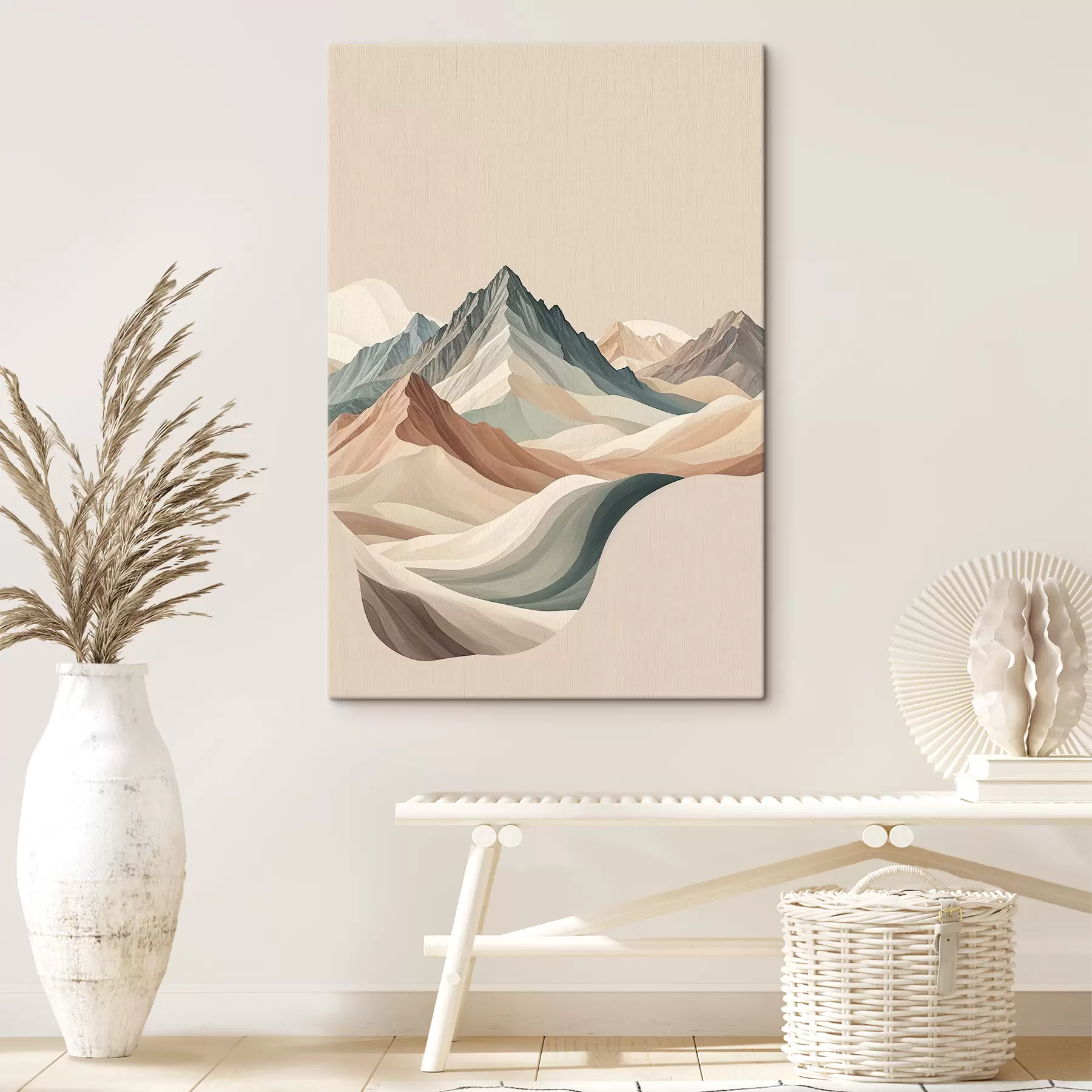 Fotobehang Minimalistisch berglandschap met rotsachtige toppen en glooiende heuvels in beige s38770