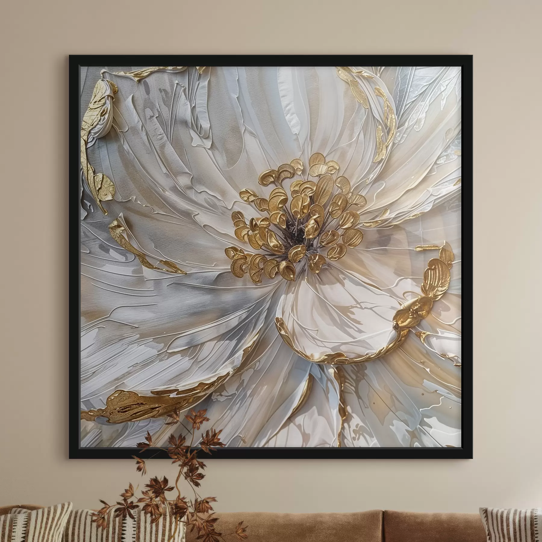 Fotobehang Close-up van een grote witte bloem met gele meeldraden binnenin, artistieke olieverf decoratie f38755
