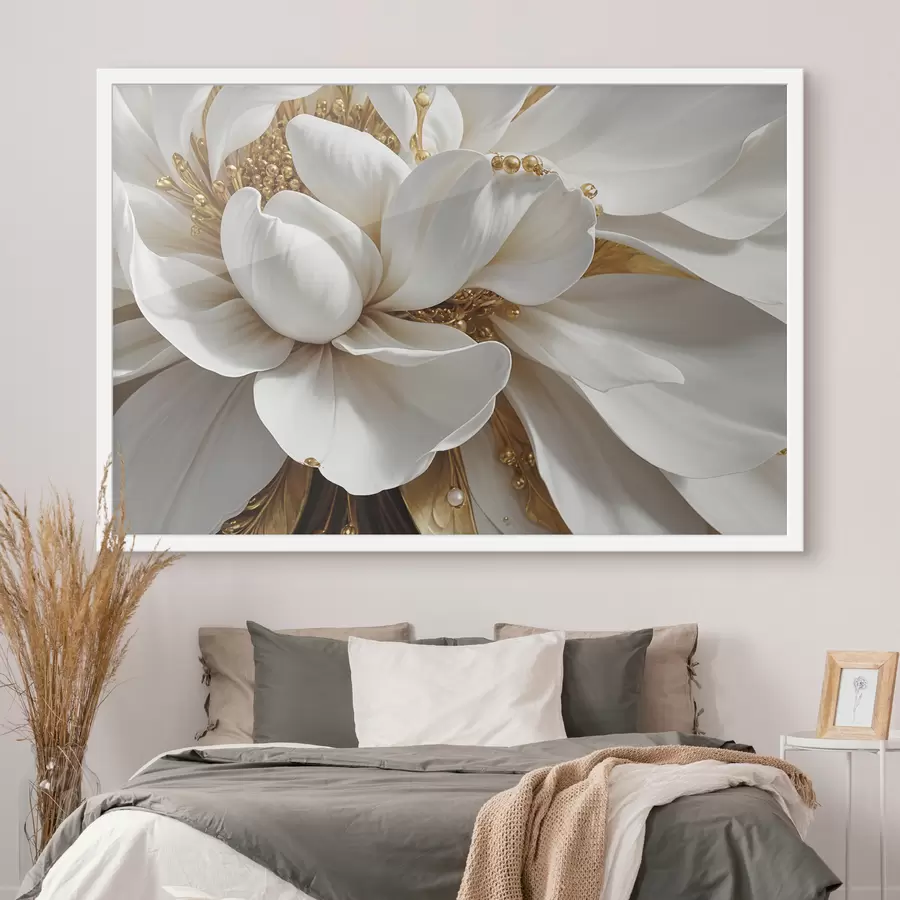 Fotobehang Een close-up van een grote witte bloem met delicate bloemblaadjes en meeldraden in het centrum, minimalisme f38762
