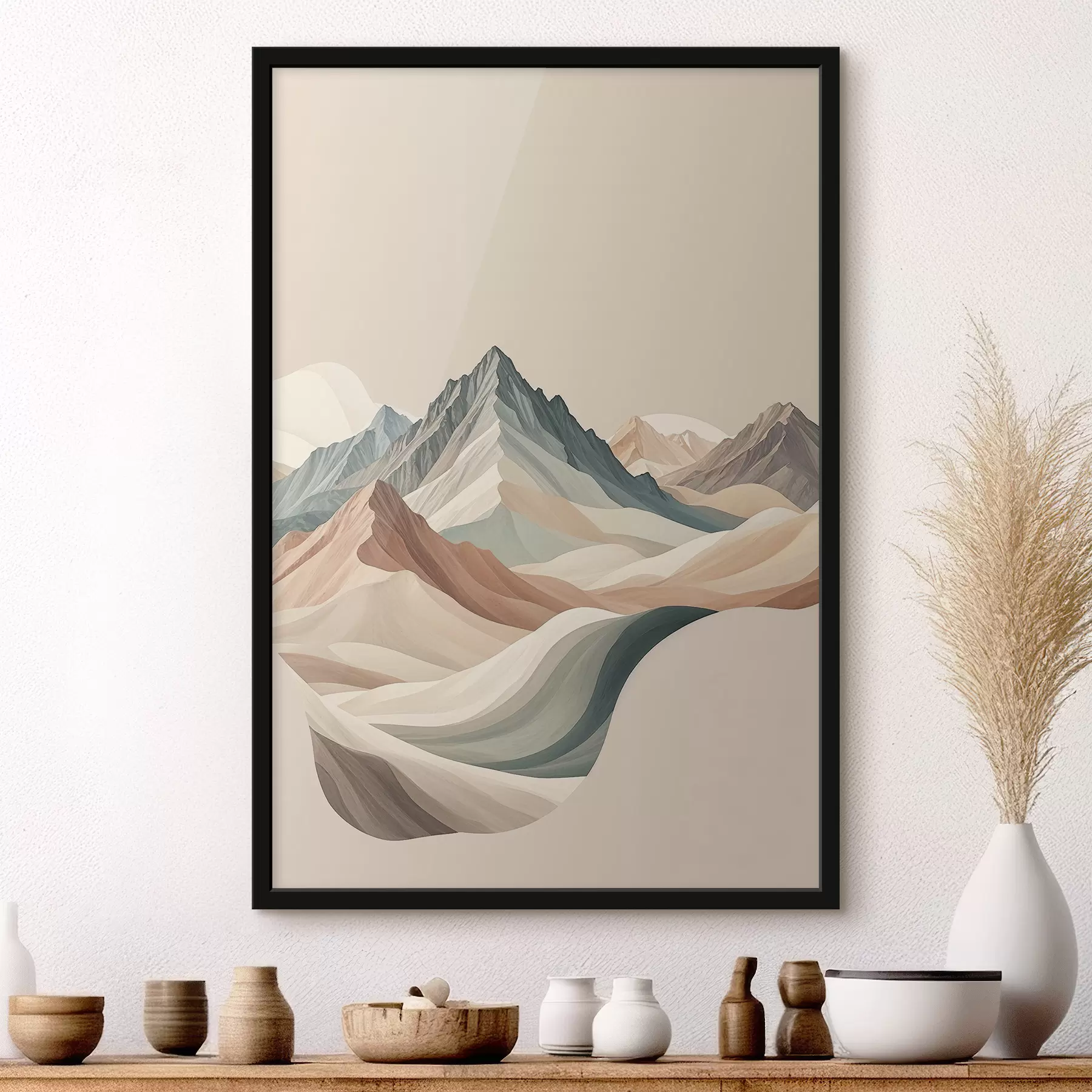  Schilderijen Minimalistisch berglandschap met rotsachtige toppen en glooiende heuvels in beige f38770