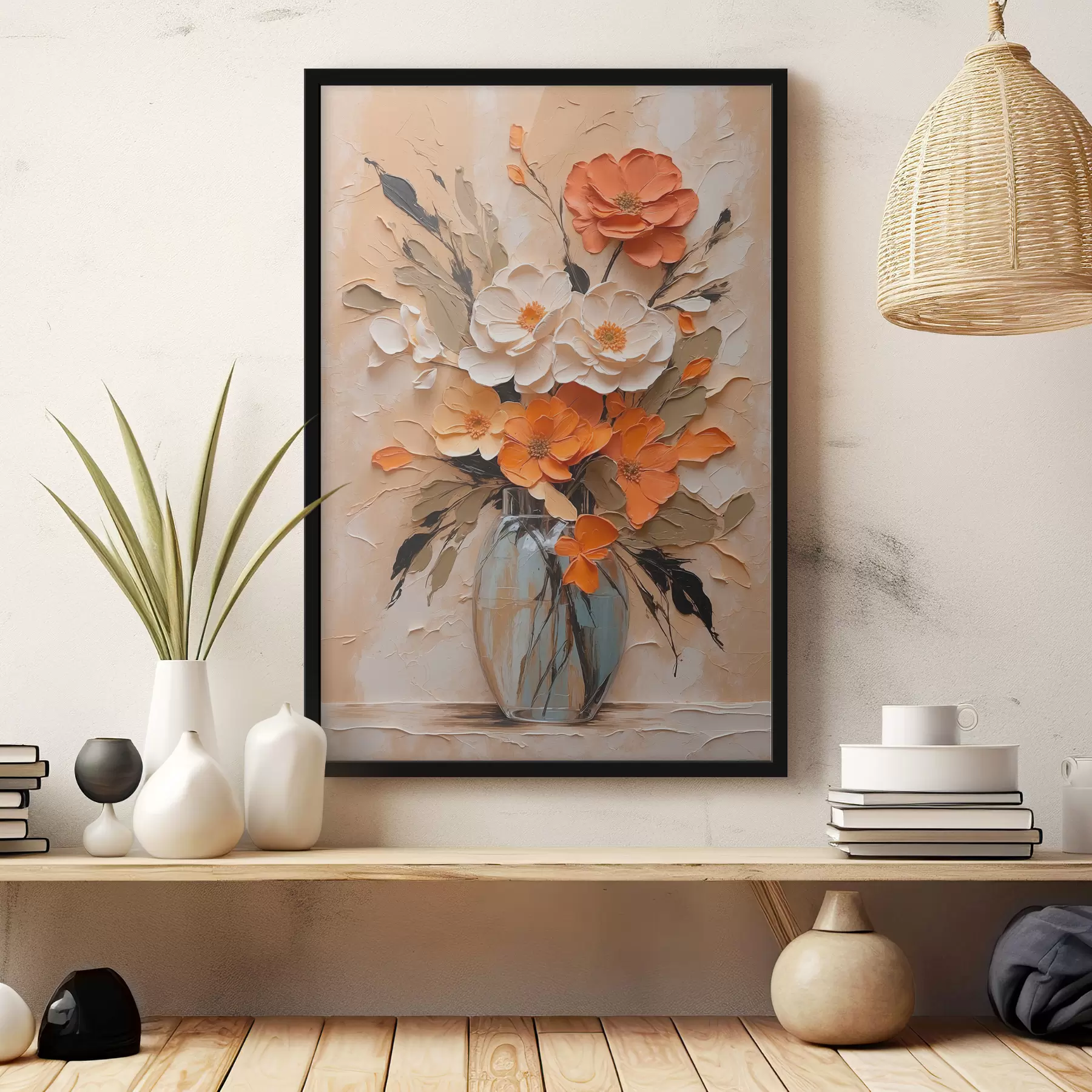  Schilderijen Bloemen in vaas in olieverf op beige achtergrond f38673