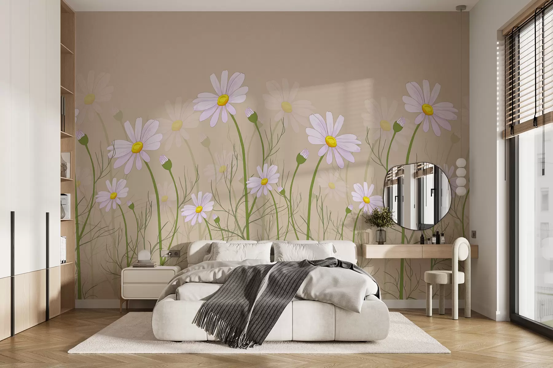 Fotobehang grote madeliefjes op een beige achtergrond w00802