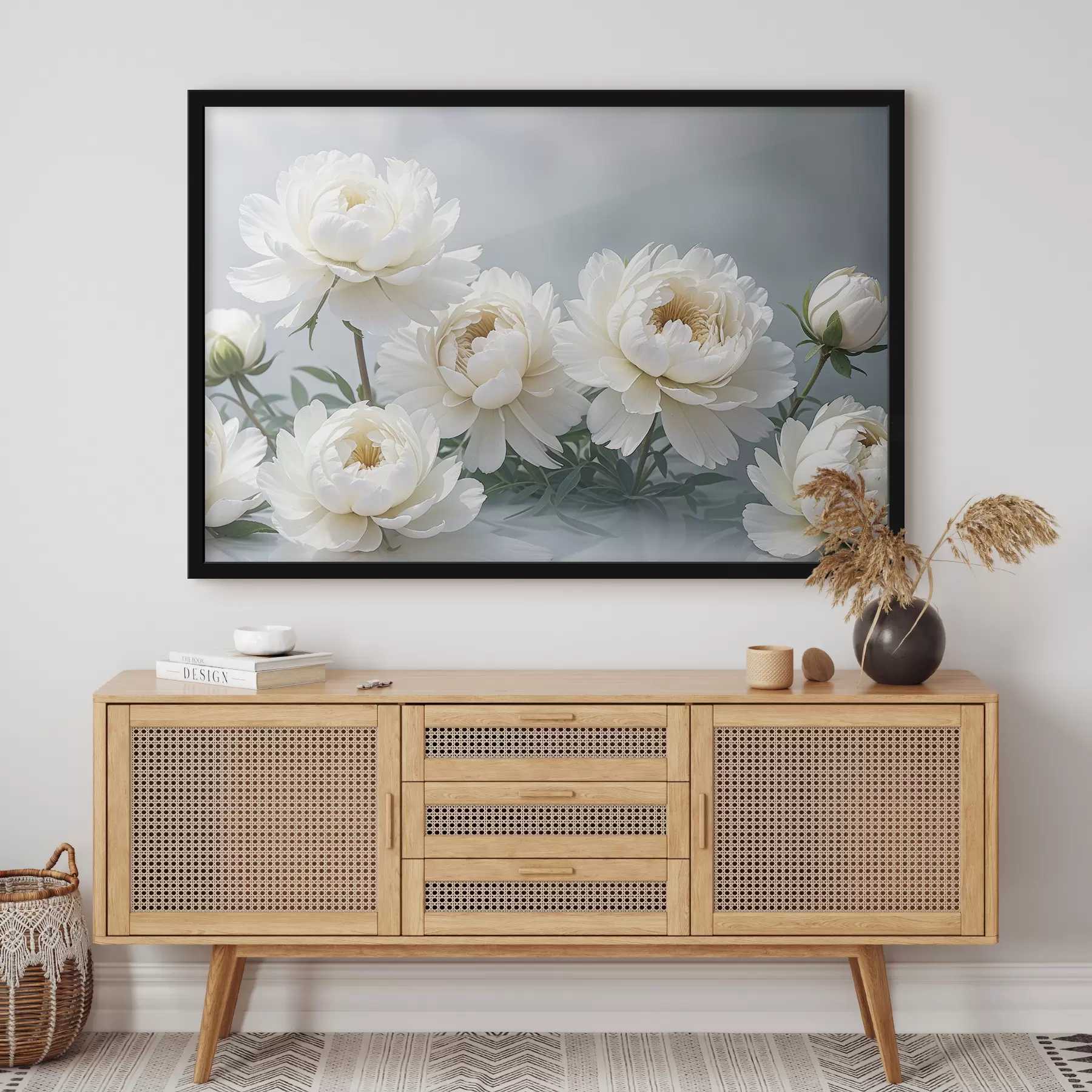 Fotobehang Witte pioenrozen met groene bladeren tegen een onscherpe achtergrond f38835