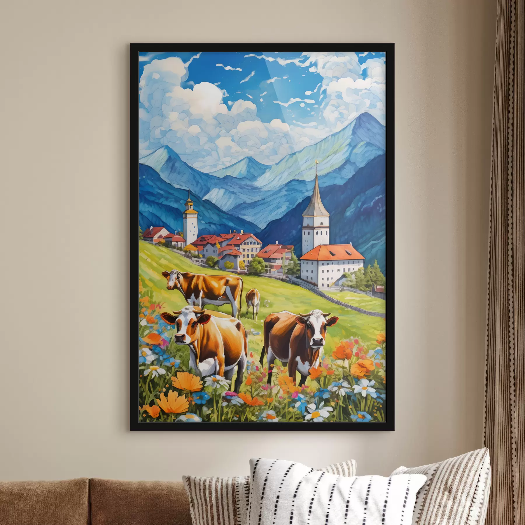 Fotobehang Koeien op een weide met bloemen in de Alpenbergen f38808