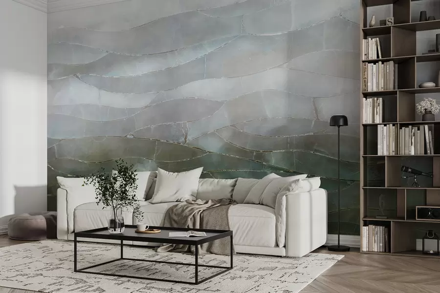 Fotobehang Getextureerd mistig, heuvelachtig abstract gradiëntlandschap met glooiende groene velden door de mist w00795