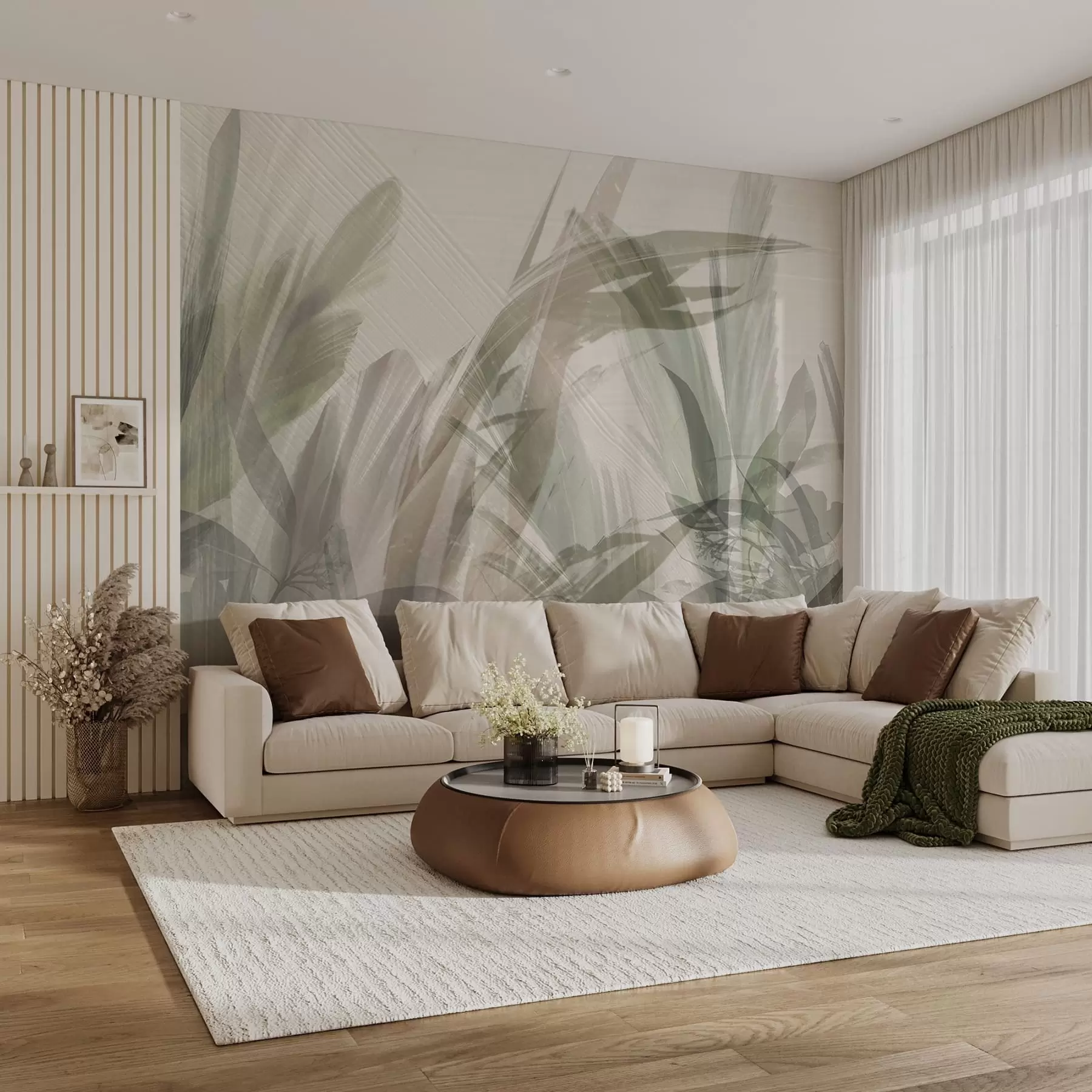 Fotobehang Abstracte multicompositie van wazige grasachtige tropische bladerenvormen in lichtgroene en grijze tinten w00798