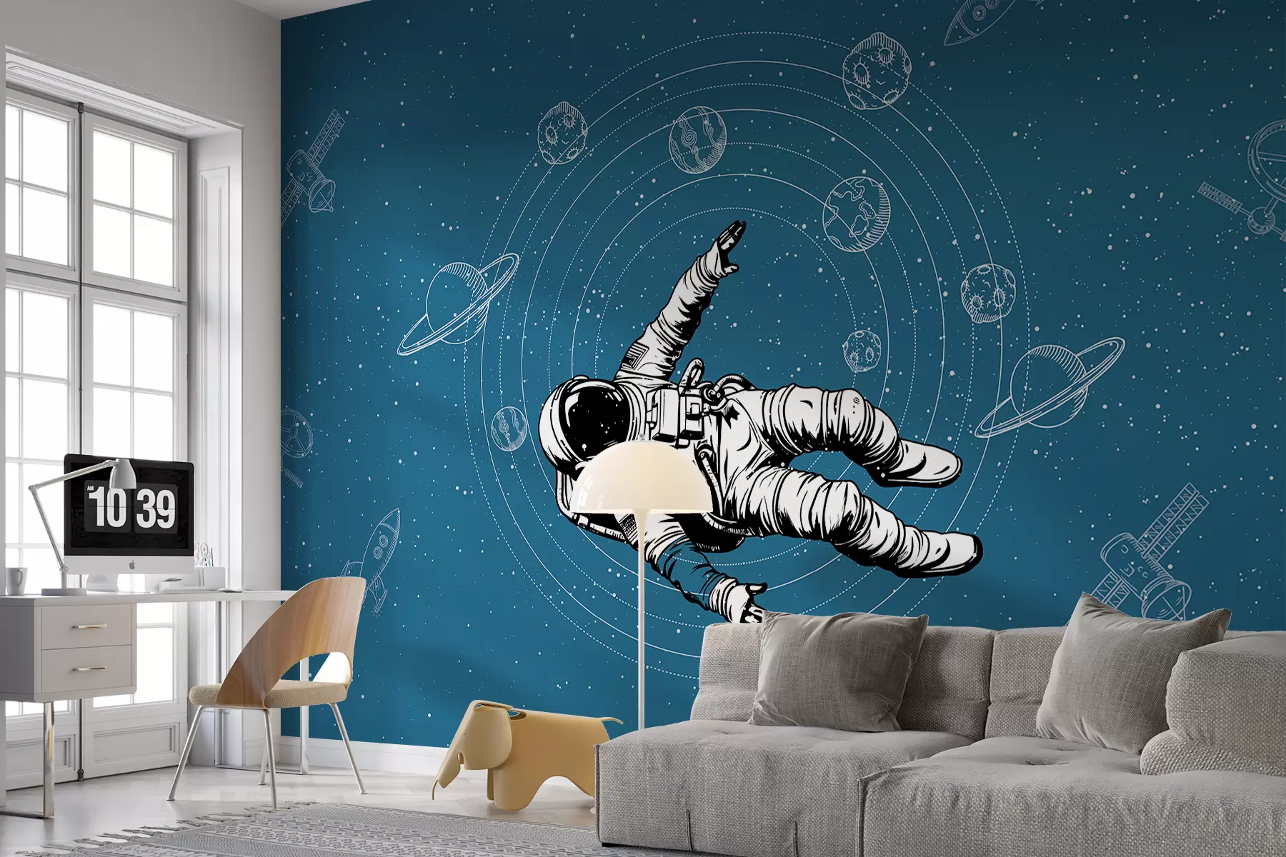 Fotobehang Astronaut en planeten op blauwe achtergrond w00712v3
