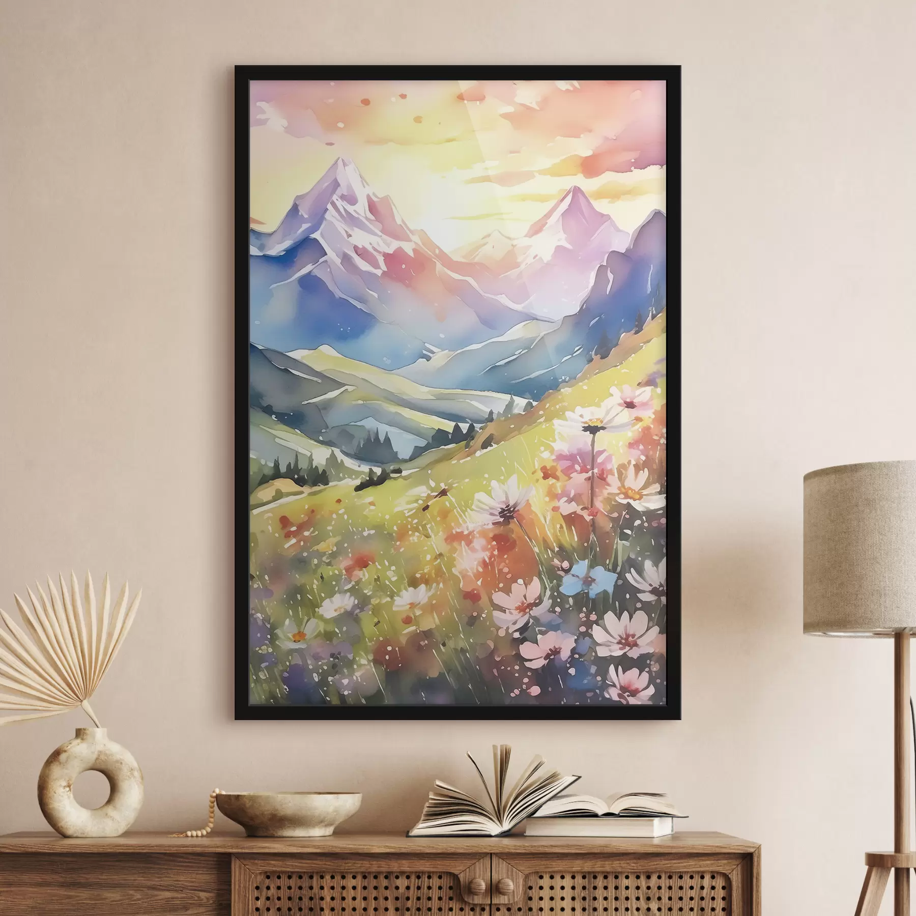 Schilderijen Zomerbergen, kleurrijke zonsondergang, bloemen, aquarel, natuurlandschappen f38840