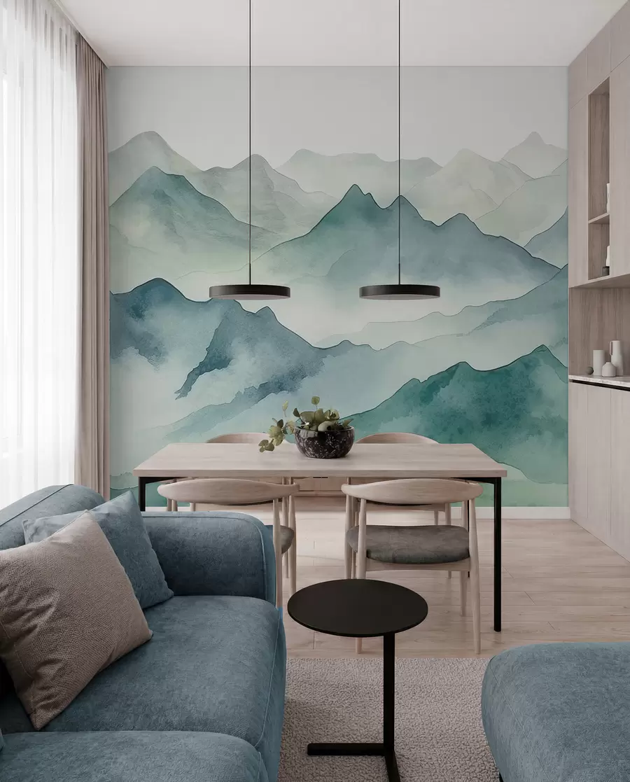 Fotobehang Bergtoppen en passen, aquarel, landschap, landschap, blauwe, grijze kleur w00841