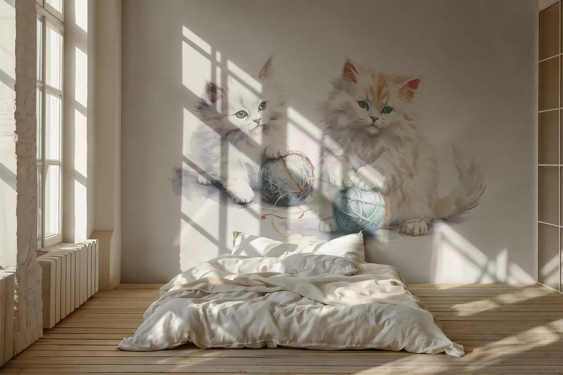 Fotobehang Witte pluizige katten met een blauwe bol draad, aquarel w00843