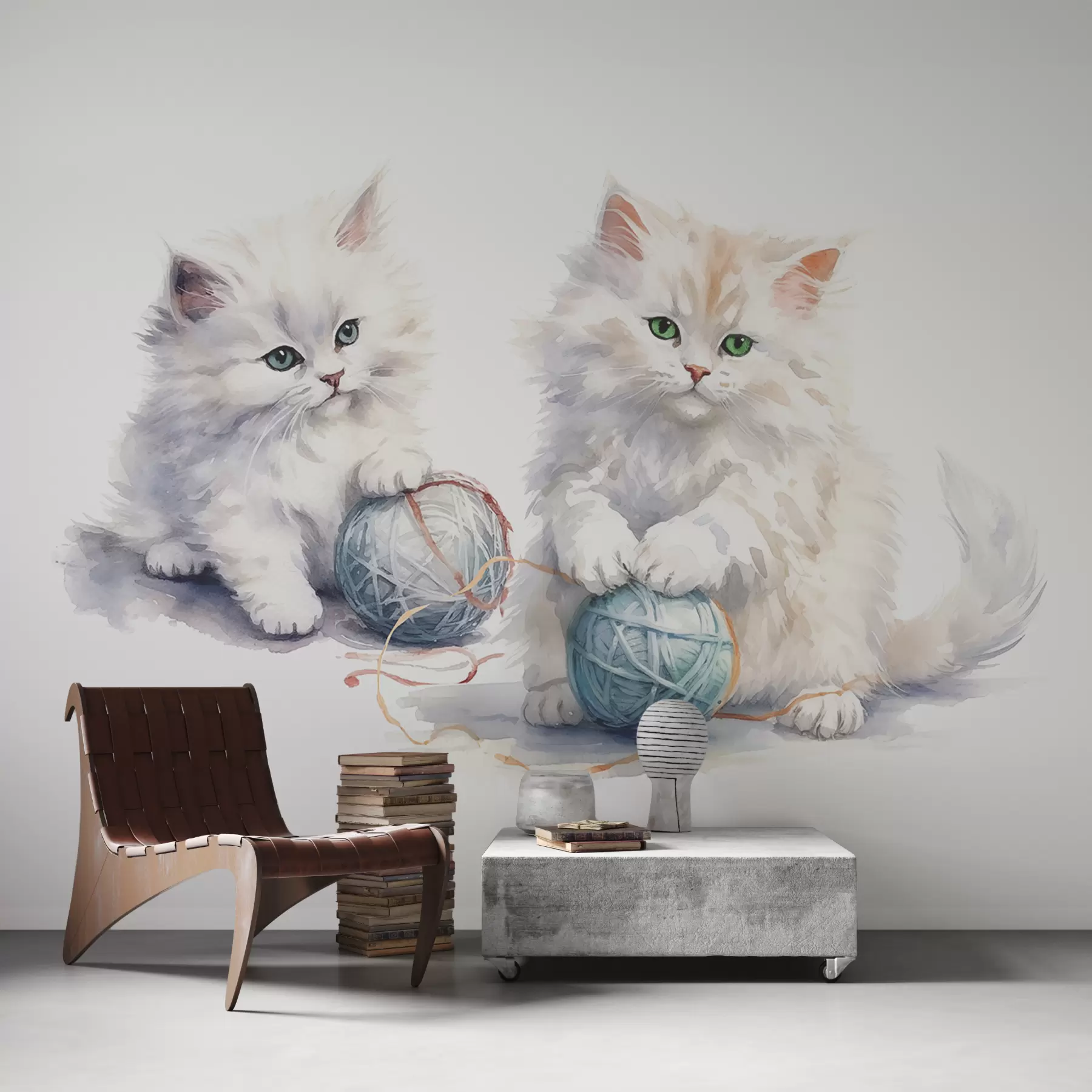 Fotobehang Witte pluizige katten met een blauwe bol draad, aquarel w00843