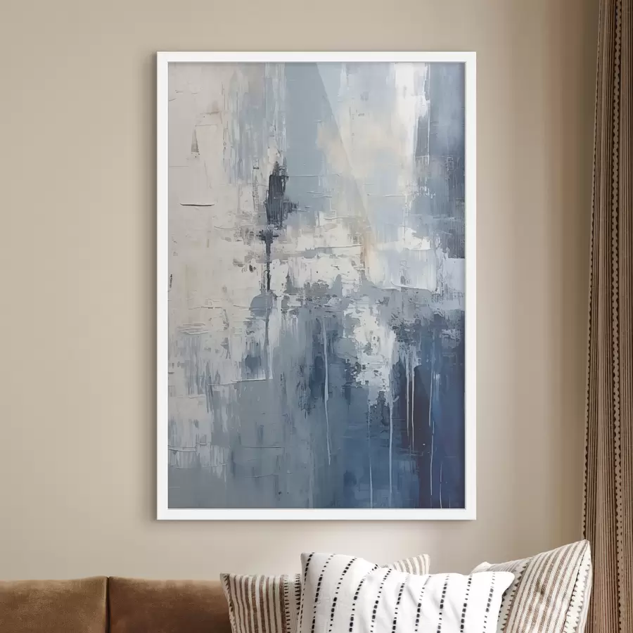 Fotobehang Abstract minimalistisch olieverfschilderij, gewreven, geometrisch, vlek, blauwe en witte kleur f38906