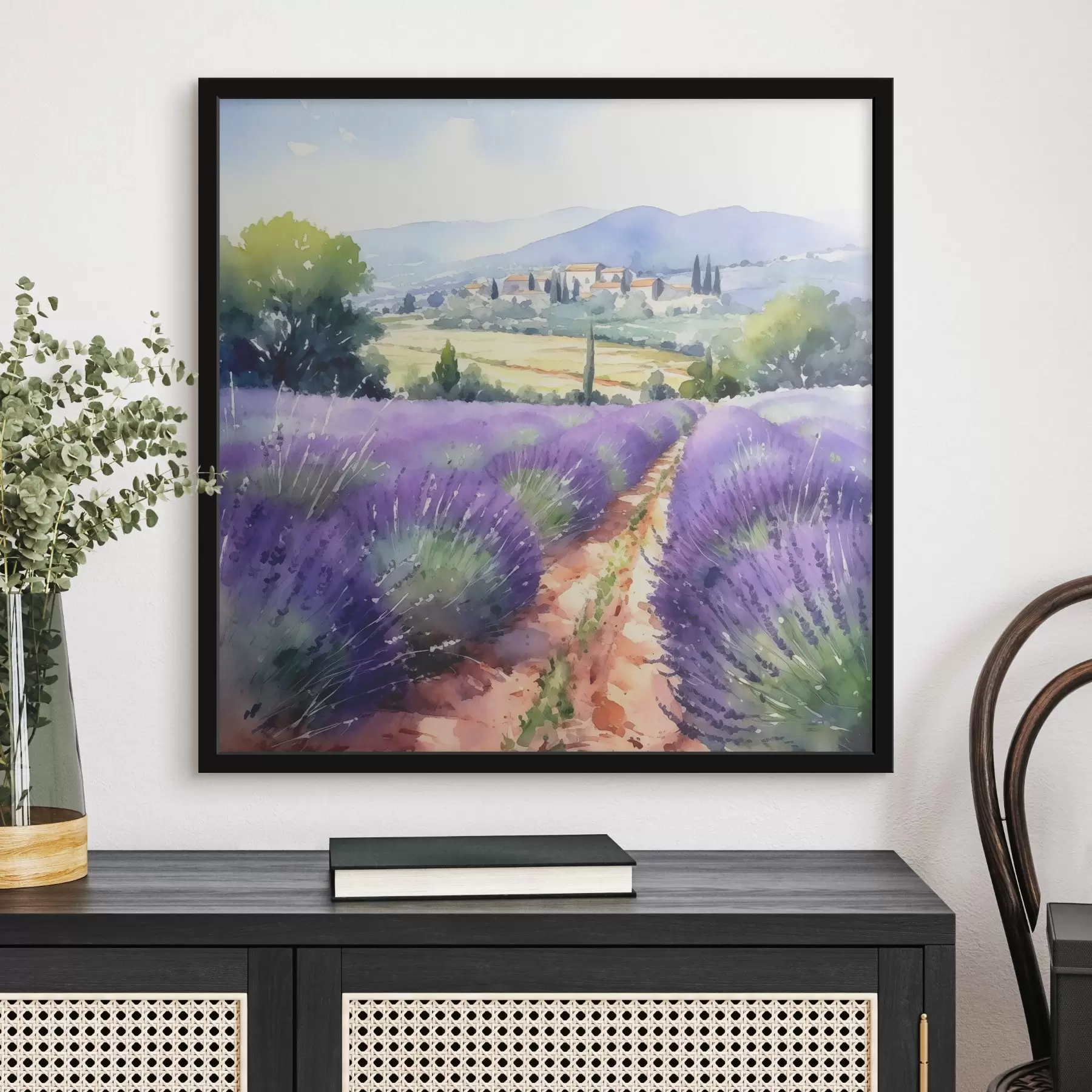 Fotobehang Aquarel lavendelveld tegen de achtergrond van bergen en platteland f38913