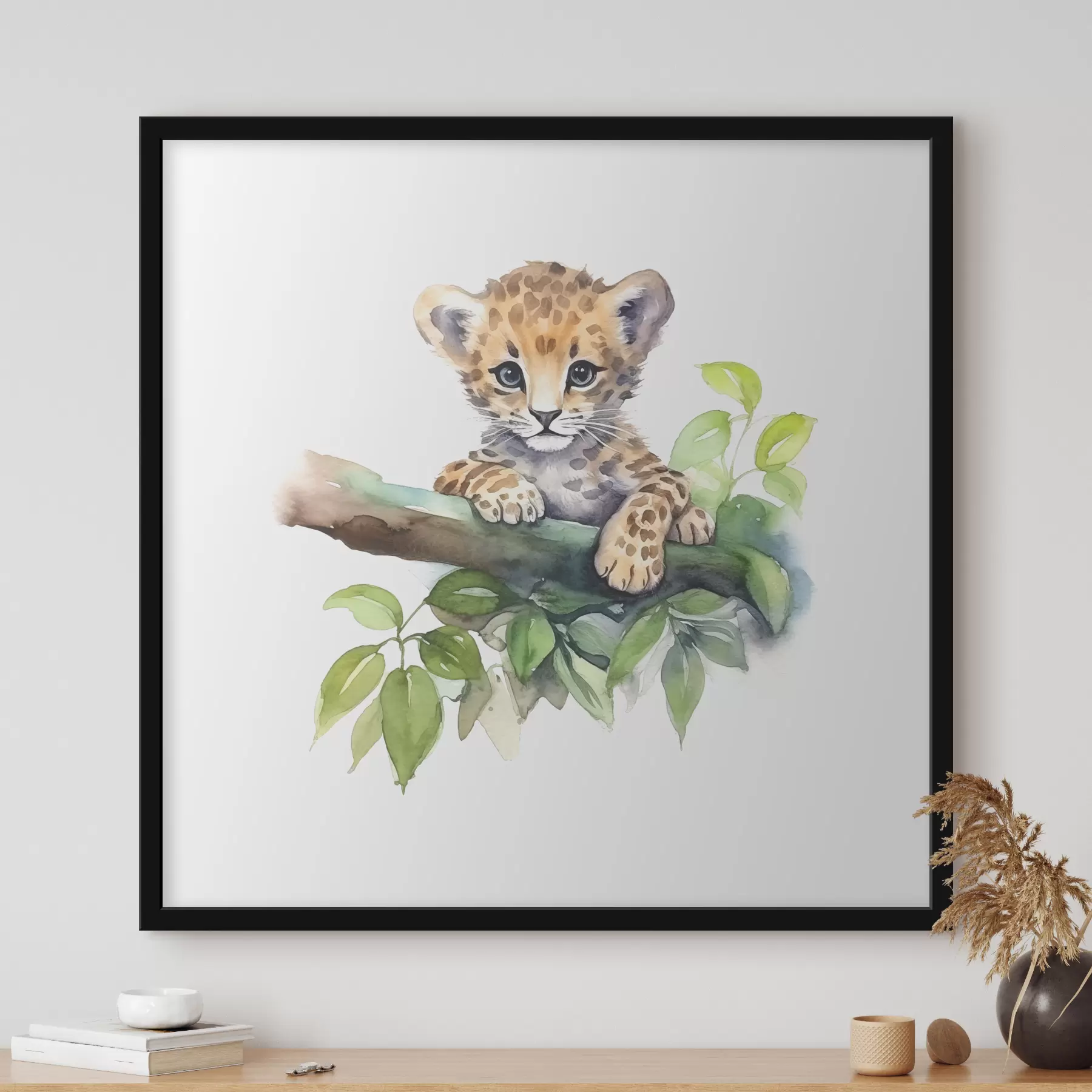 Fotobehang Jonge luipaarden zittend op een tak met groene bladeren, dier, aquarel f38922