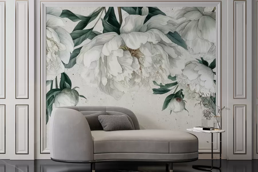 Fotobehang Witte grote pioenrozen met groene bladeren op een licht gestructureerde achtergrond w00837