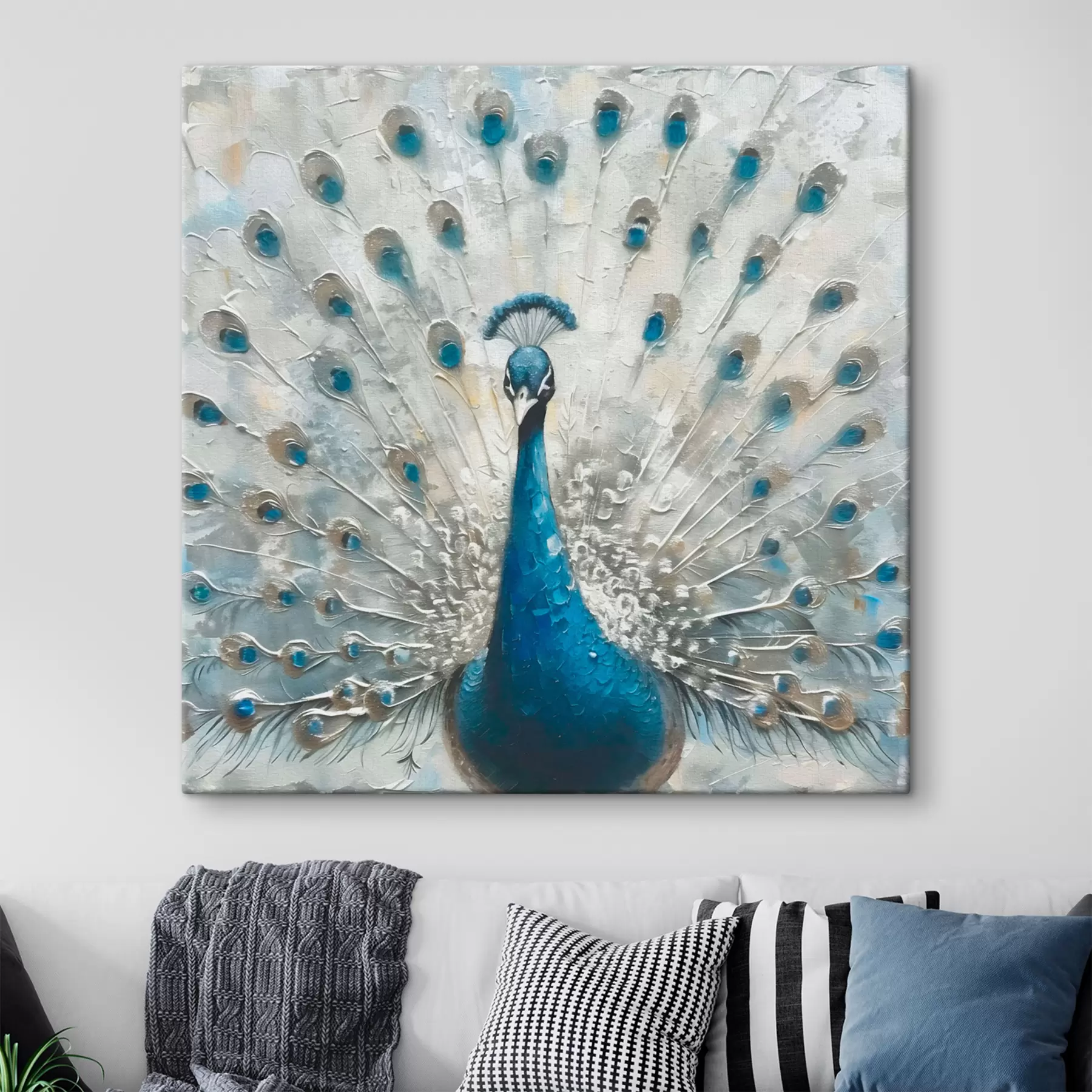 Fotobehang Blauwe pauwvogel met veren gedrukte textuur s38931