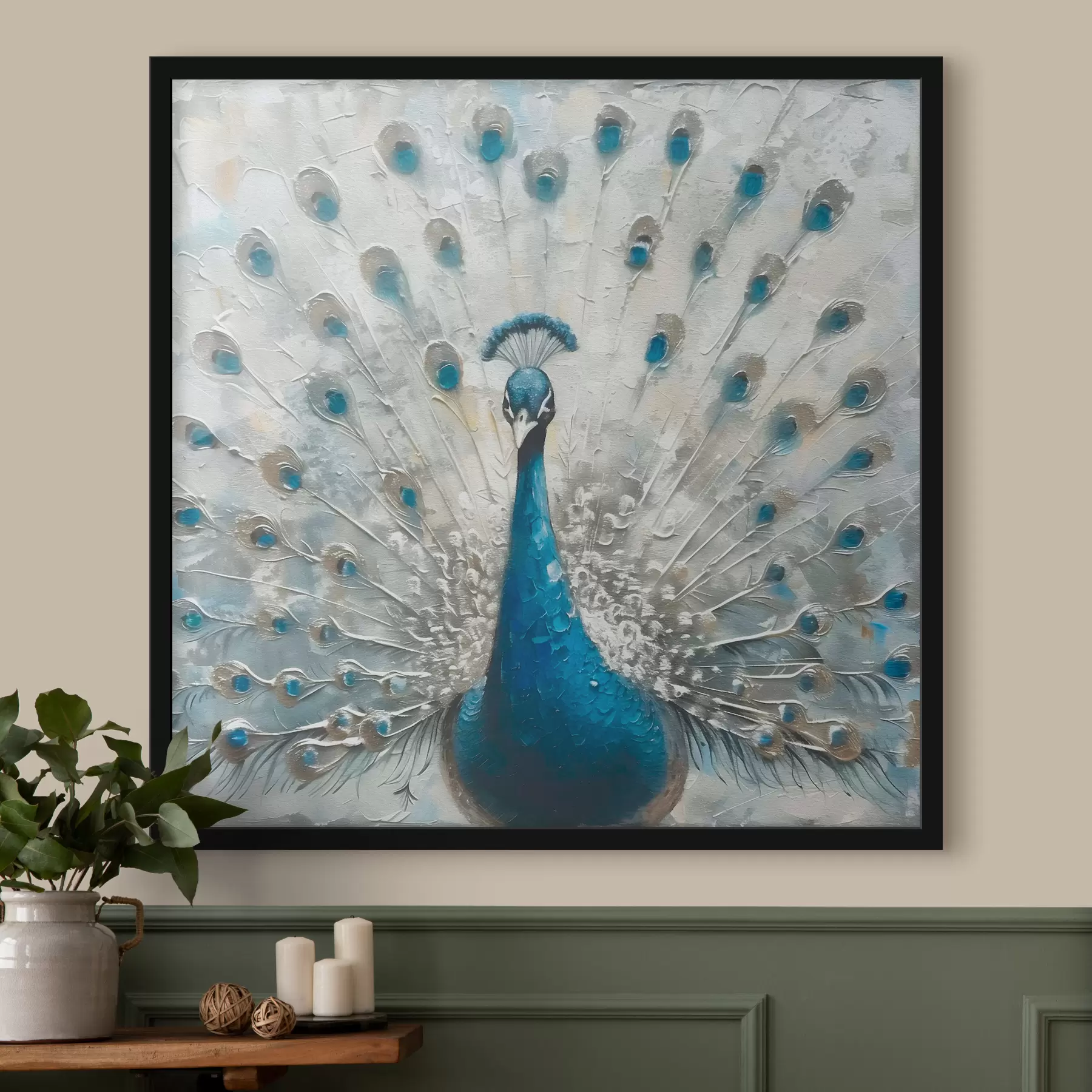 Fotobehang Blauwe pauwvogel met veren gedrukte textuur f38931