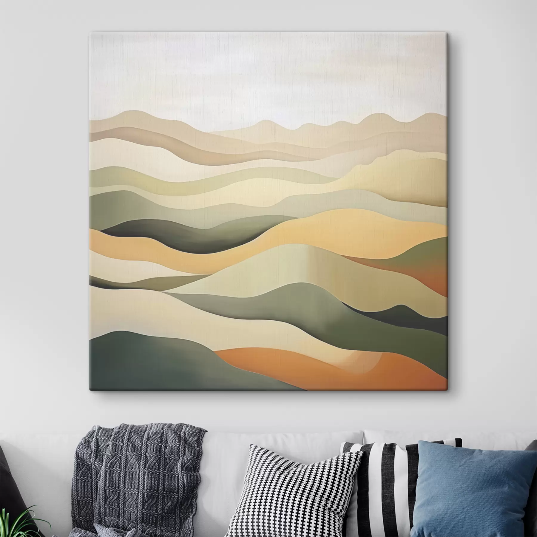  Schilderijen Heuvels, abstract landschap, gouache, groen, oker, sepia, grijs s38952