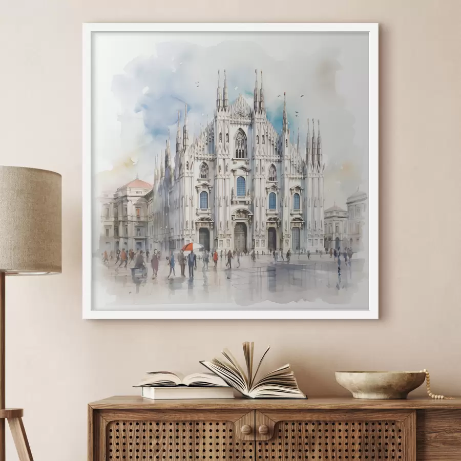 Fotobehang Milaan Duomo, architectuur, stad, regen, aquarel, blauw, grijs, wandelende mensen f38938