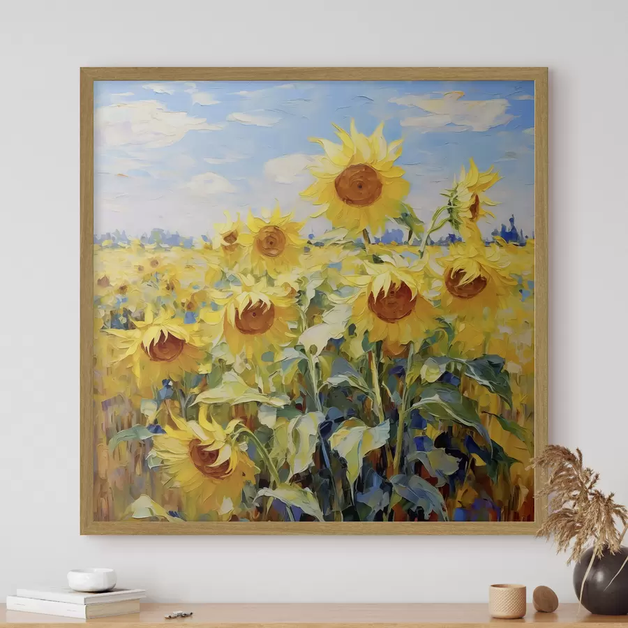 Fotobehang Zonnebloemveld olieverf, geel en blauw f38953