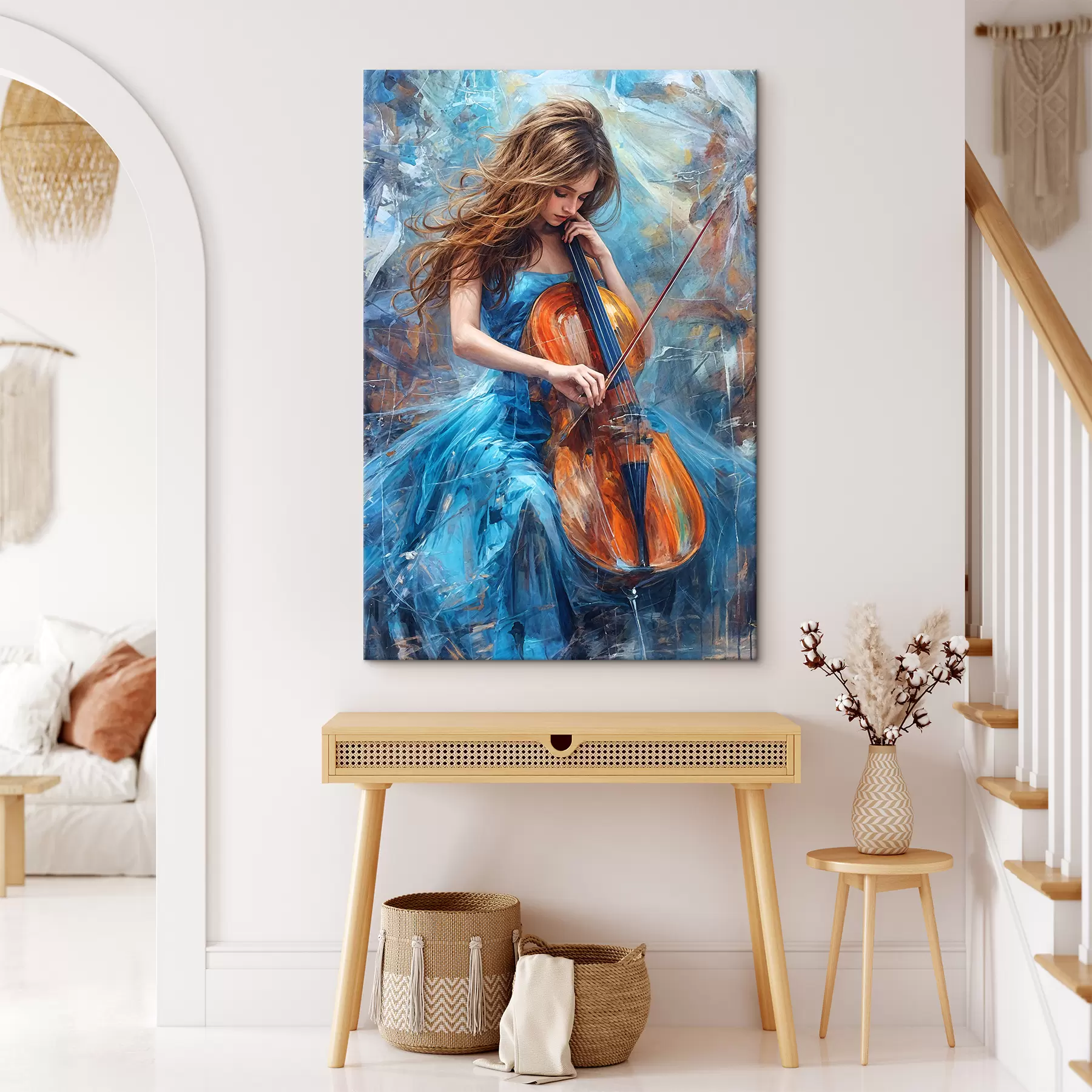  Schilderijen Olieverfschilderij van een jonge vrouw met lang, golvend rood haar die een cello speelt tegen een abstracte achtergrond  s38956