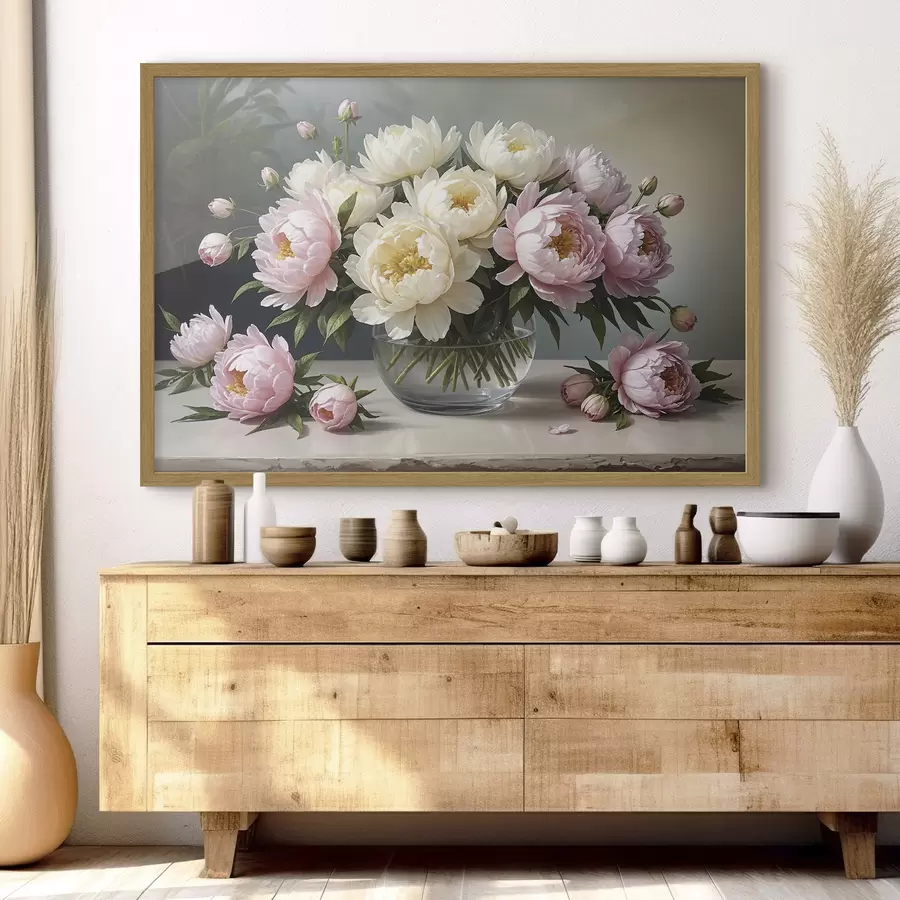 Fotobehang Schilderij van een boeket van prachtige witte en roze pioenrozen in een glazen vaas op een houten tafel f38967