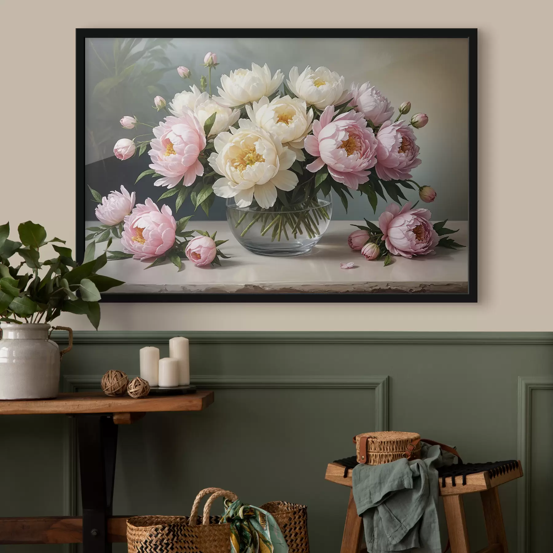 Fotobehang Schilderij van een boeket van prachtige witte en roze pioenrozen in een glazen vaas op een houten tafel f38967