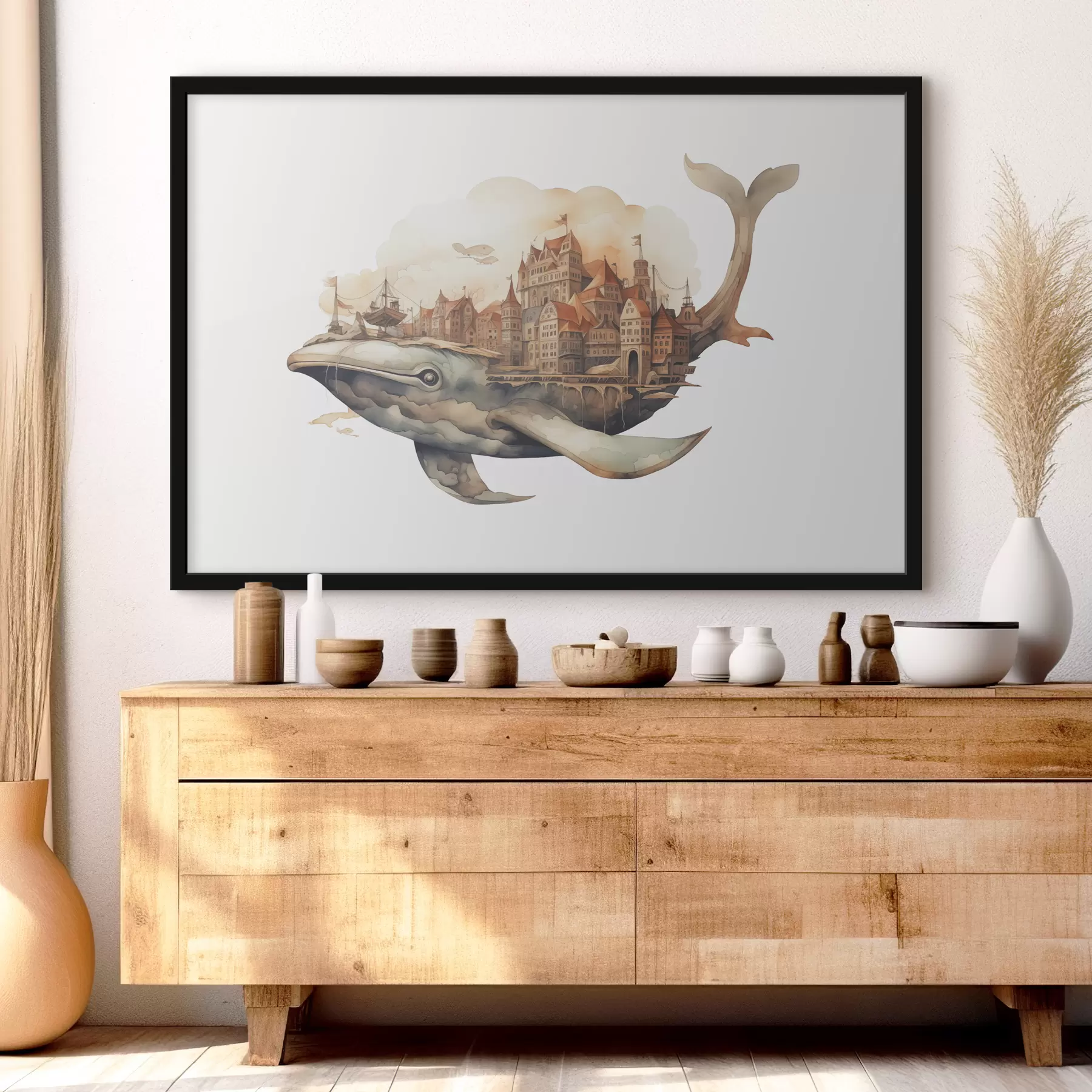 Fotobehang Vintage cyberpunkstad op de achterkant van een bruine walviswaterverf f39022