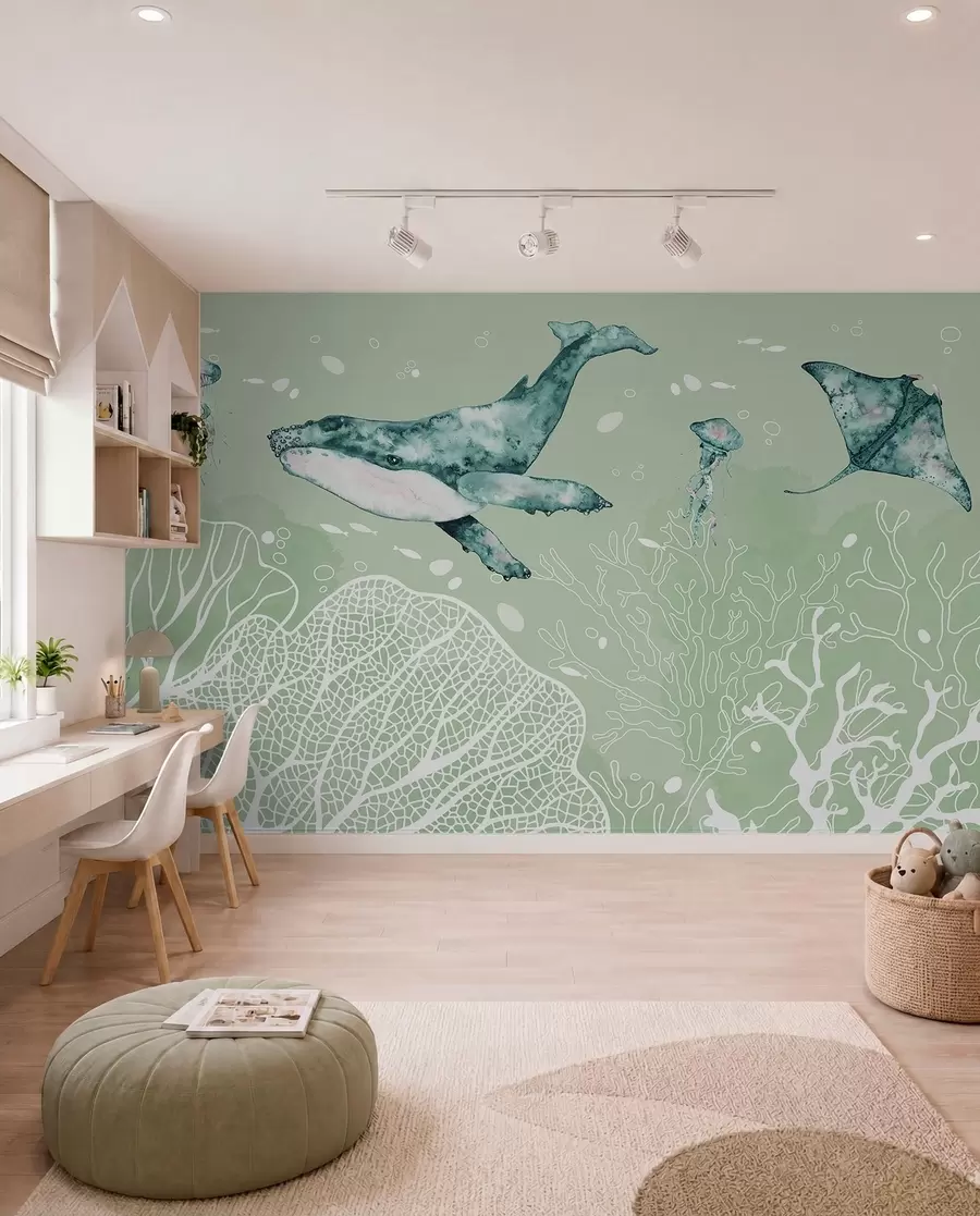 Fotobehang Walvis in de zee, aquarel, koralen, kwallen, zeeleven, groene kleuren w00848v3