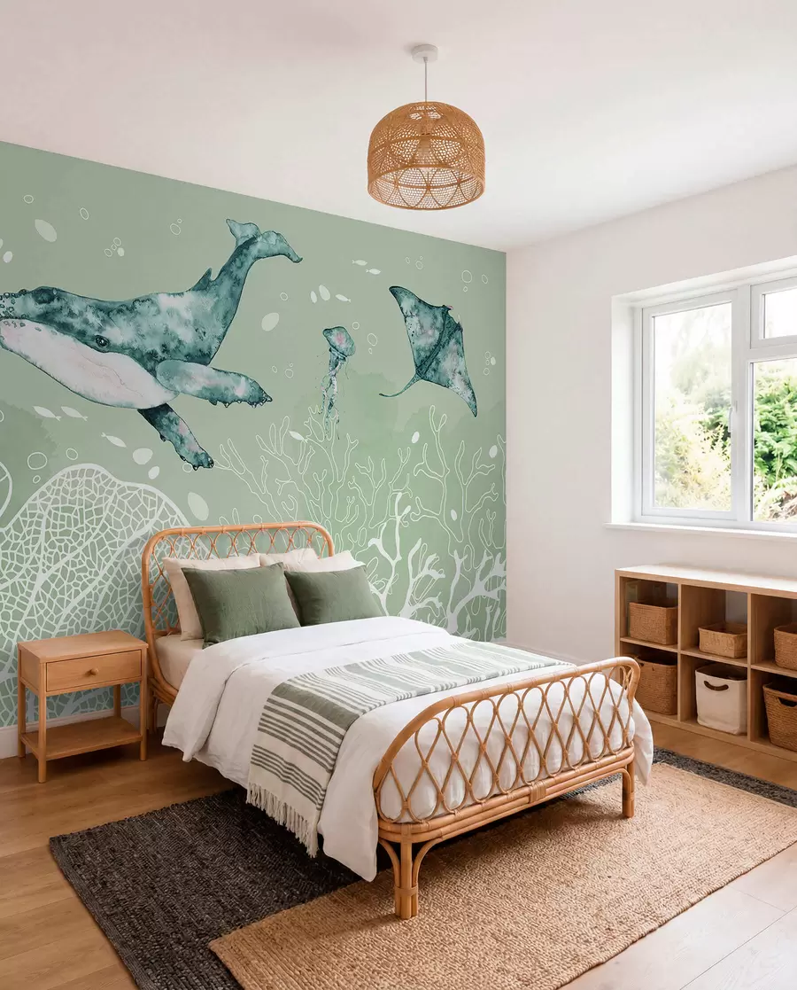 Fotobehang Walvis in de zee, aquarel, koralen, kwallen, zeeleven, groene kleuren w00848v3