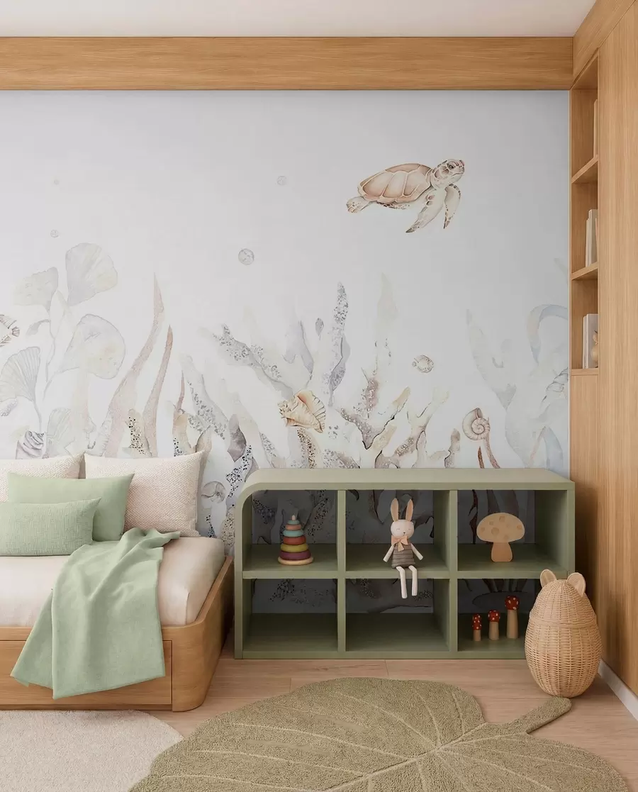 Fotobehang Aquarel zeekoralen, schelpen, schildpadden, zeeleven, zachte beige kleuren w00849v1