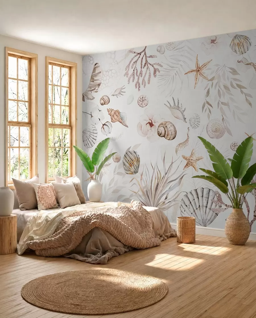 Fotobehang Waterverf marien patroon, boho-stijl, schelpen, koralen, katoen, beige kleuren w00851