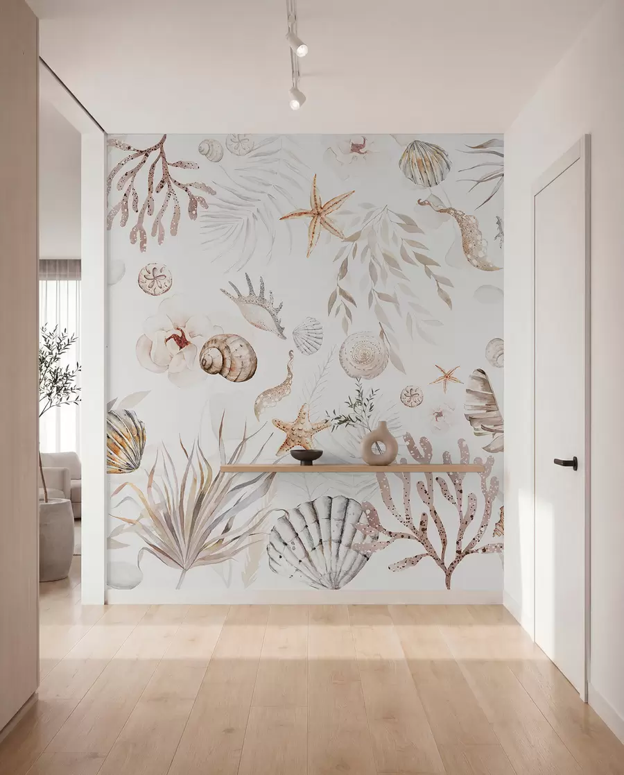 Fotobehang Waterverf marien patroon, boho-stijl, schelpen, koralen, katoen, beige kleuren w00851
