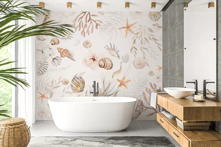 Fotobehang Waterverf marien patroon, boho-stijl, schelpen, koralen, katoen, beige kleuren w00851