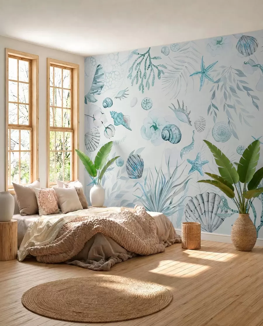 Fotobehang Waterverf marien patroon, boho-stijl, schelpen, koralen, katoen, blauwe kleuren w00851v1